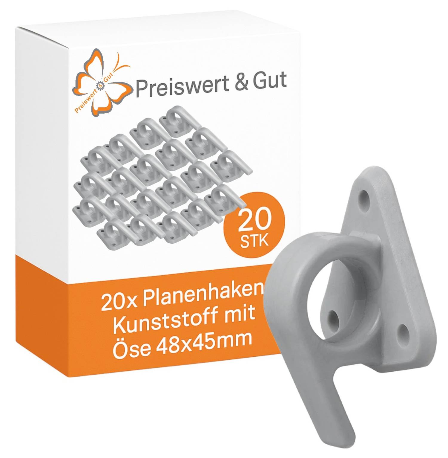Karton mit 20 grauen Kunststoff-Plane-Haken mit Schlaufen, Maße 48x45mm, mit Markenlogo und Text: Preiswert & Gut, 20 Stk.