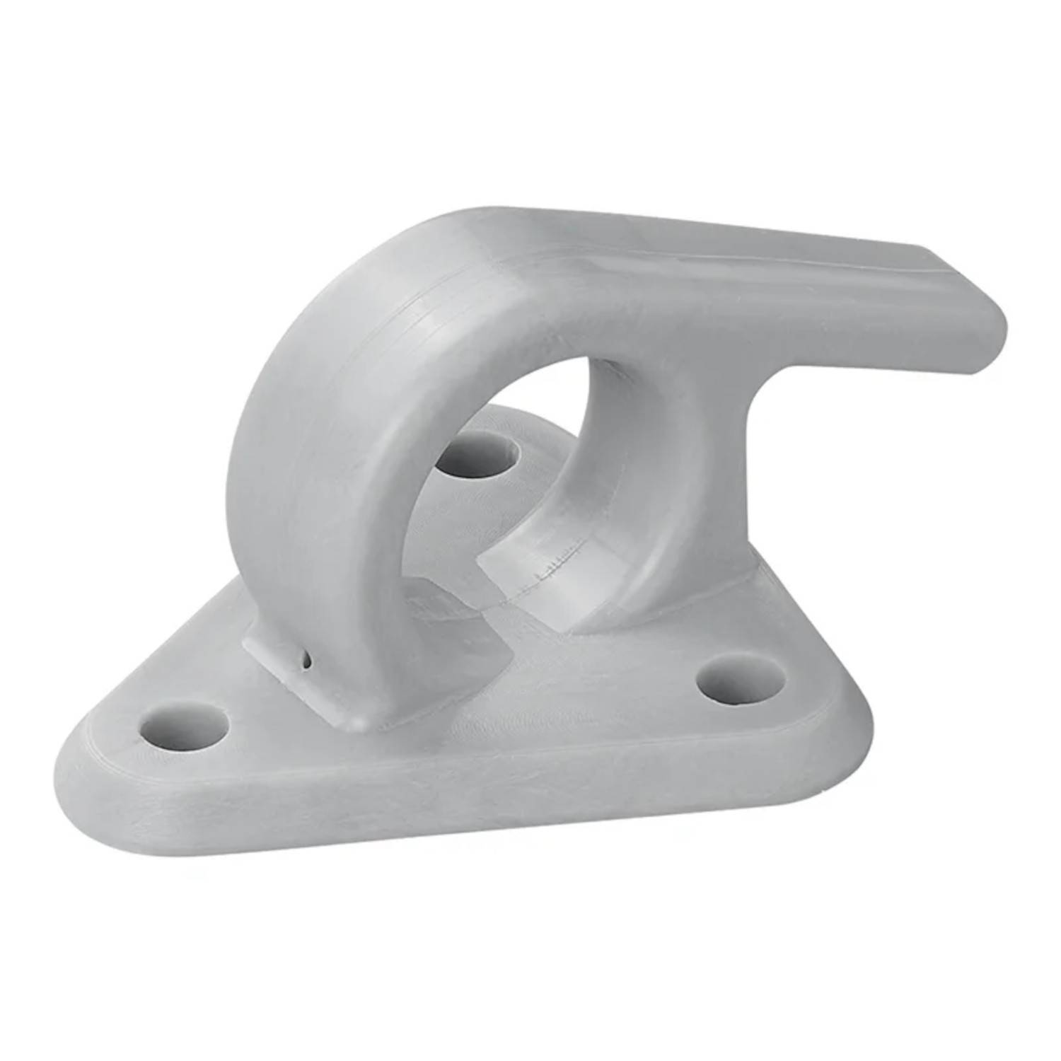 Eine graue Metallhalterung mit drei Löchern zur Befestigung, die ein gebogenes Haken-Design aufweist.