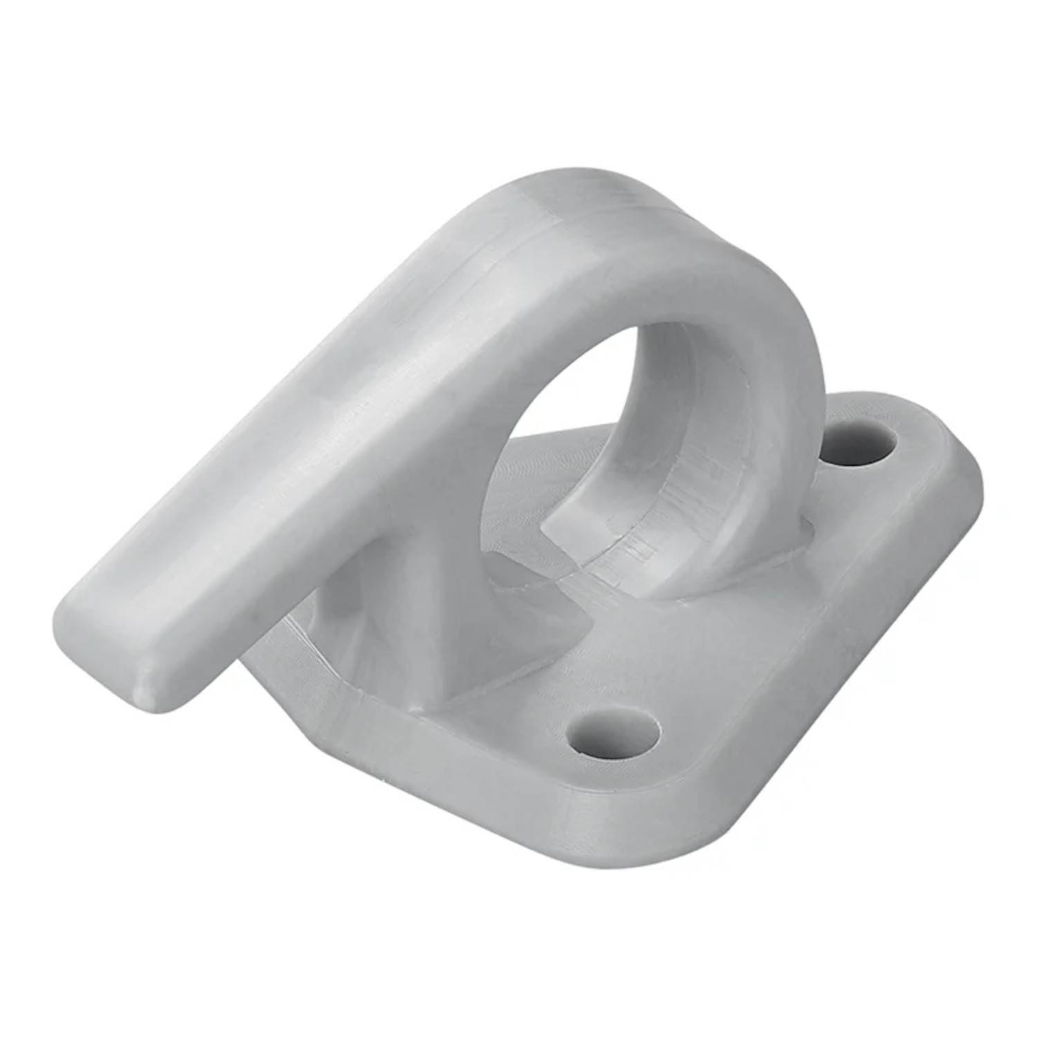 Eine weiße Kunststoffhalterung mit einem gebogenen Haken und zwei Befestigungslöchern, konzipiert zum Befestigen von Seilen oder Netzen.