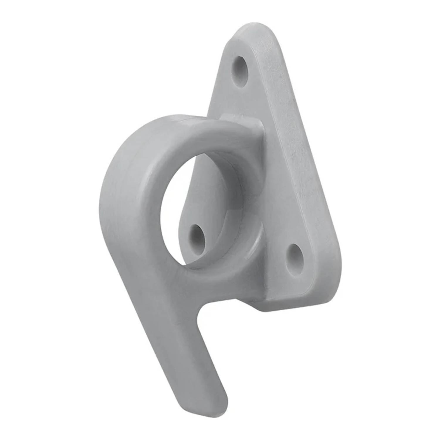 Ein grauer, wandmontierter Haken mit dreieckiger Basis und drei Bohrlöchern, der zum Halten oder Sichern von Gegenständen entwickelt wurde.