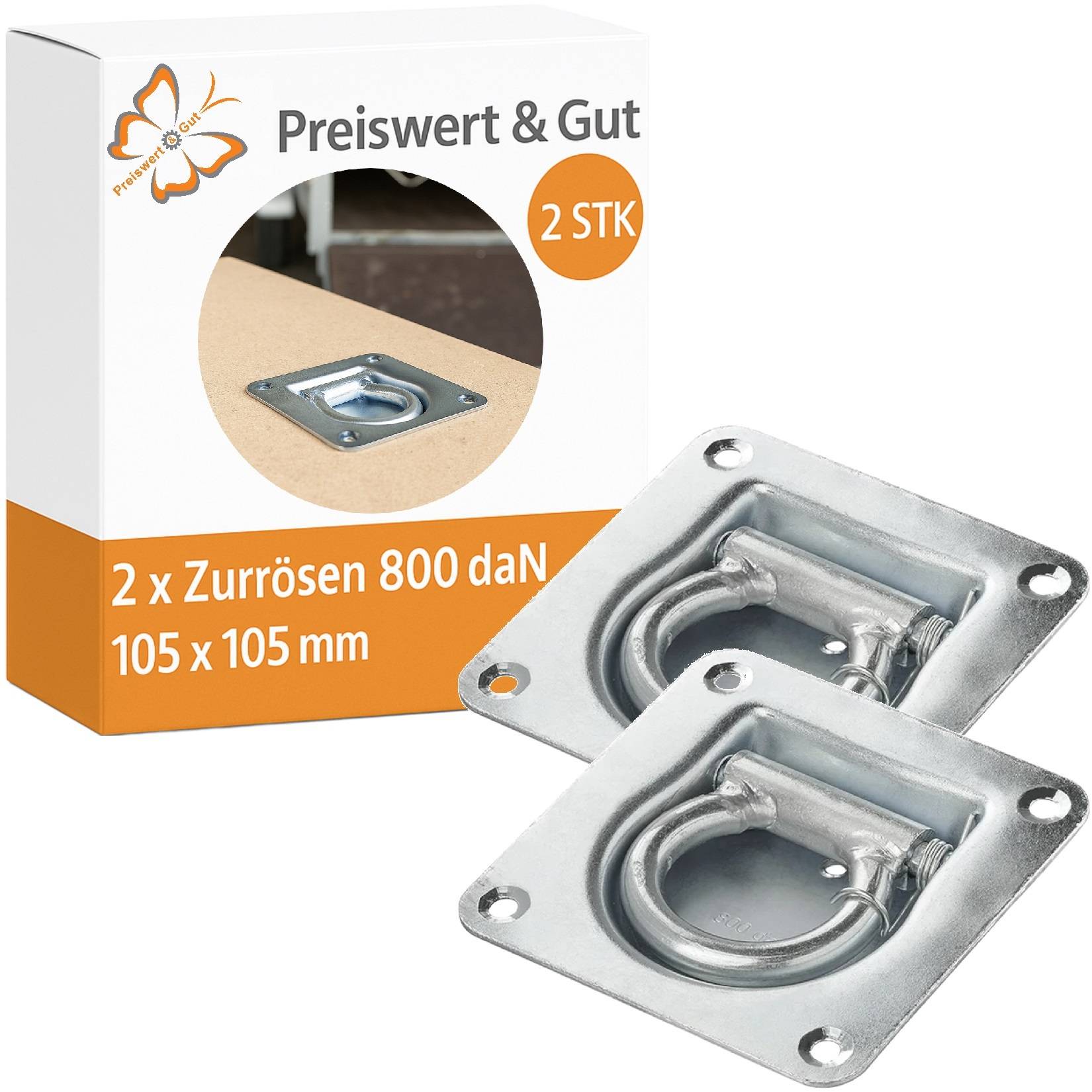 Preiswert & Gut' Verpackung mit zwei Metallspannringen, jeweils 105 x 105 mm, mit einer Belastbarkeit von 800 daN. Schachtel zeigt Schmetterlingslogo.
