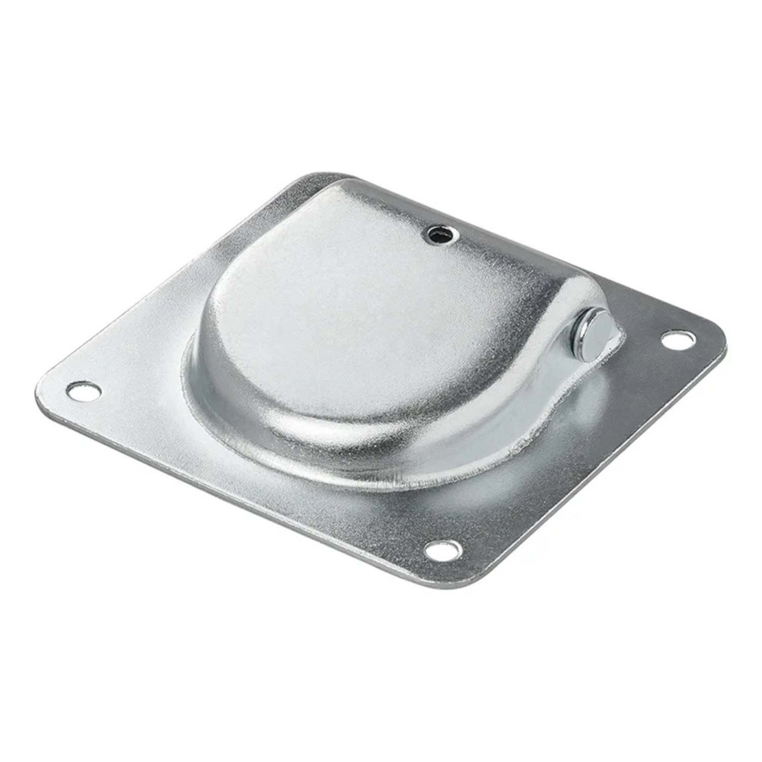 Eine quadratische Metallplatte mit abgerundeten Ecken und vier Löchern, die eine erhöhte Kuppel in der Mitte mit einem zusätzlichen kleinen Loch aufweist.