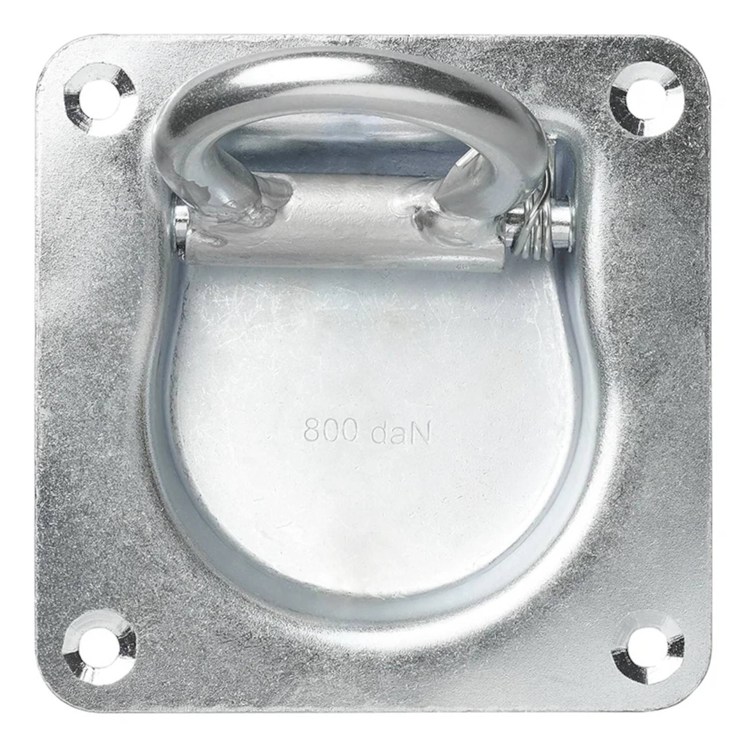 Metallbefestigungspunkt mit einer Belastbarkeit von 800 daN, ausgestattet mit einer D-Ringöse und vier Befestigungslöchern für eine sichere Befestigung. Wird zum Sichern von Lasten verwendet.