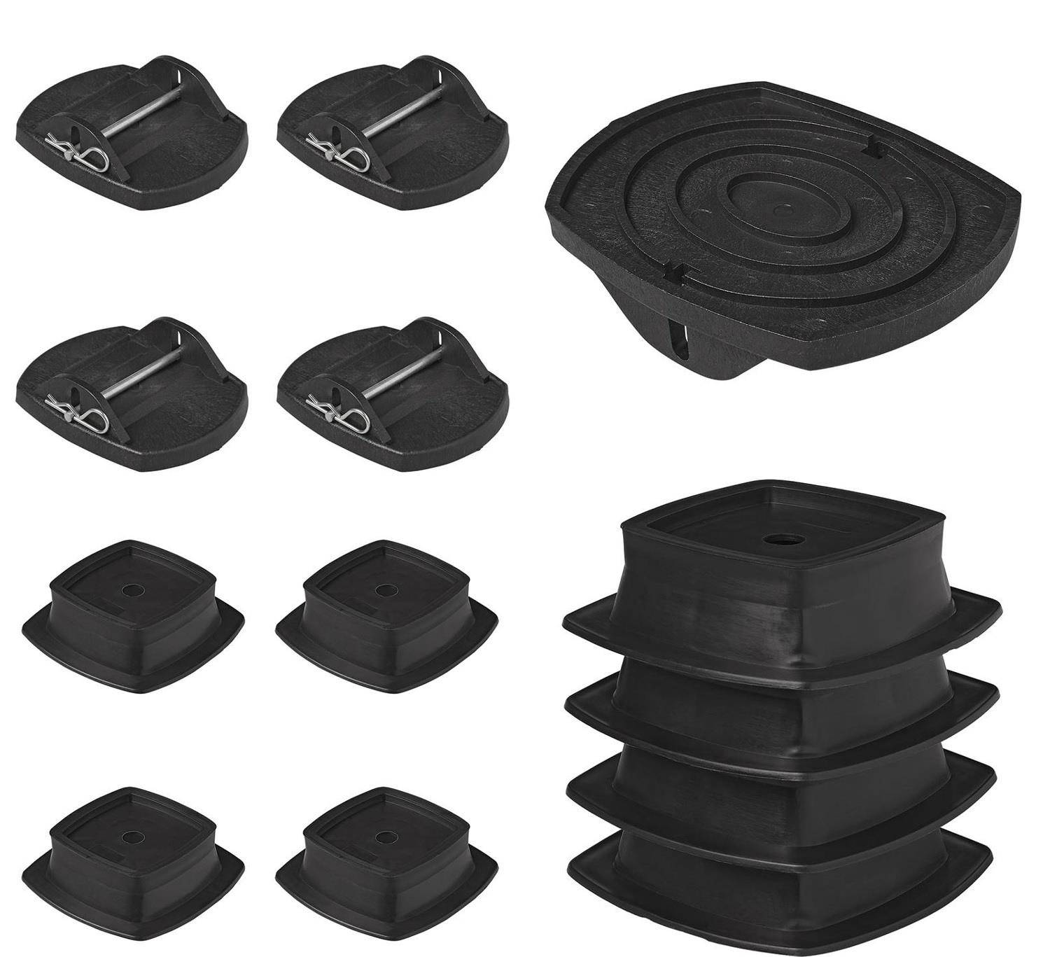 „Satz schwarzer Gummi-Radkeile und Wagenheber-Unterlagen zur Fahrzeugstabilisierung, mit verschiedenen Formen und Designs für unterschiedliche Anwendungen.