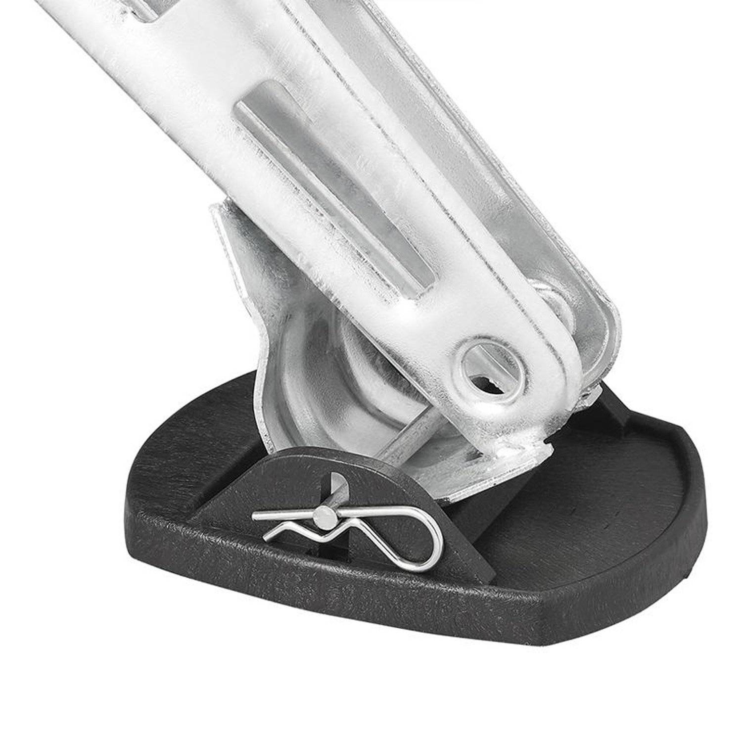 Eine Metalltürbandscharnier mit schwarzer Basis, gesichert durch einen silbernen Verschlussbolzen, verwendet zum Stützen oder Justieren von Winkeln, möglicherweise für Möbel oder Ausrüstung.