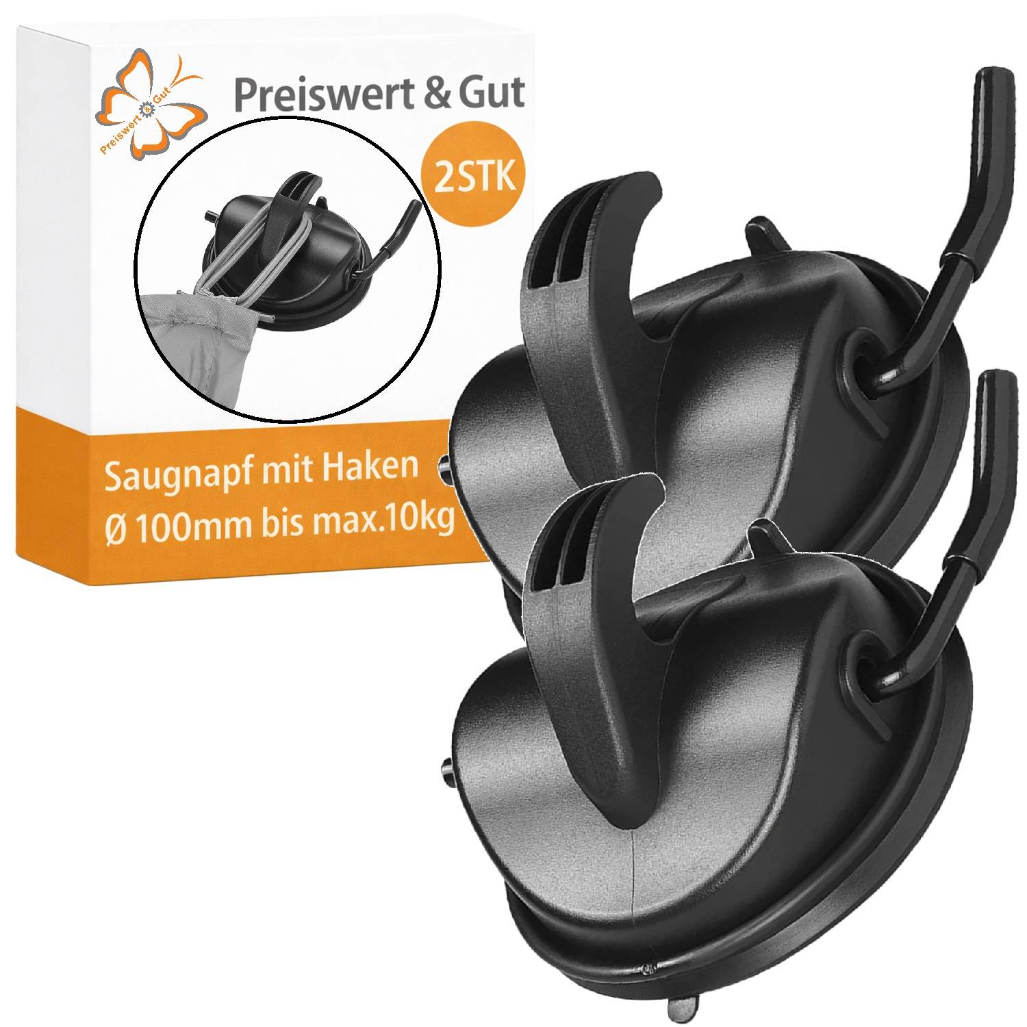 Zwei schwarze Saugnapfhaken mit Verpackung, die den Text zeigt: 'Preiswert & Gut', '2STK', 'Saugnapf mit Haken', 'Ø100mm bis max.10kg'.