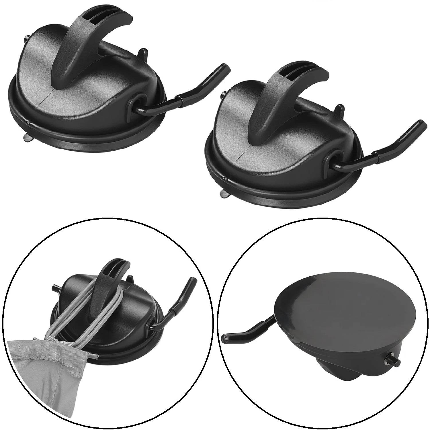 Zwei schwarze Saugnäpfel-Haken einzeln und bei der Verwendung dargestellt, wobei sie eine graue Tasche halten. Perfekt für vorübergehende Befestigung auf glatten Oberflächen.