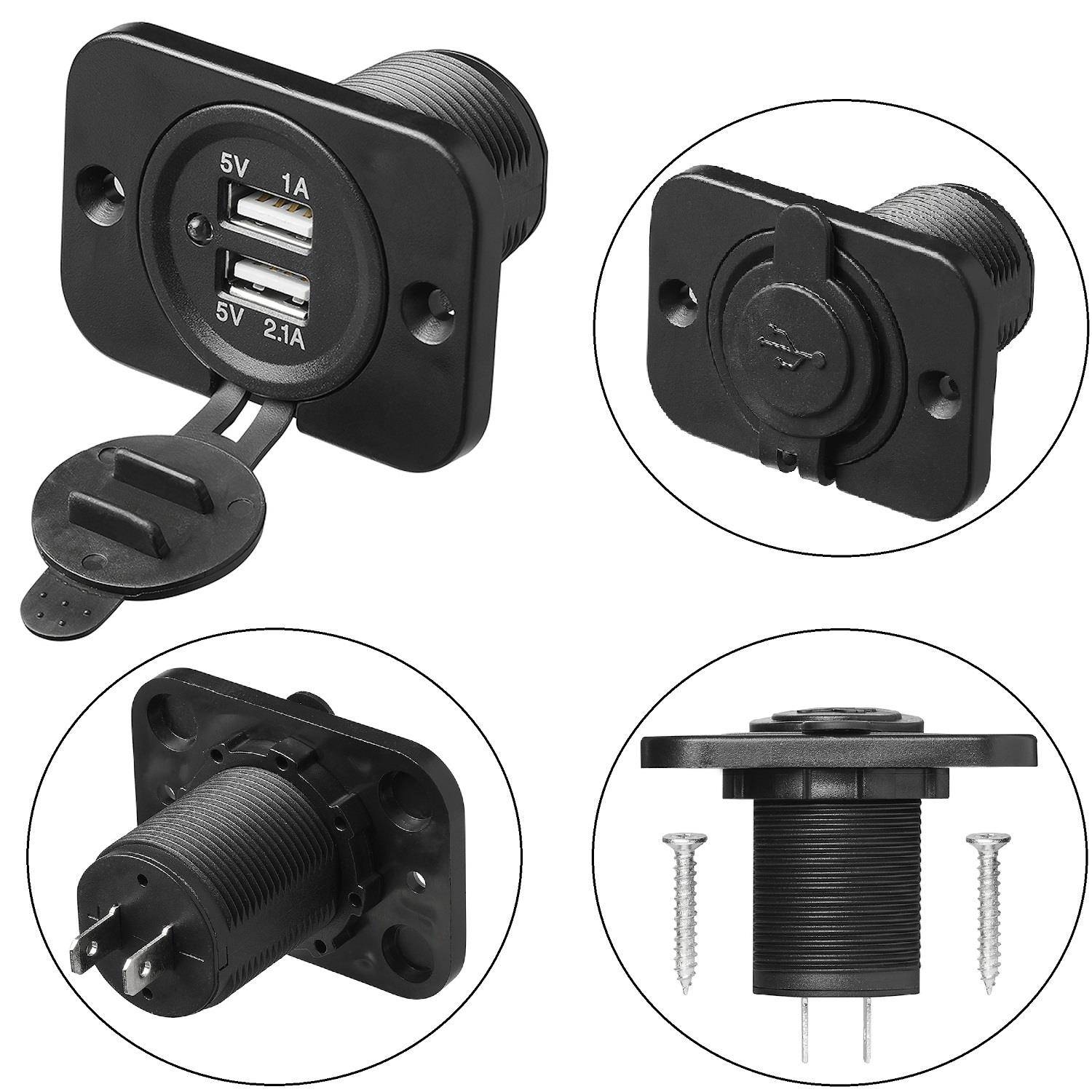 Schwarzes USB-Anschluss-Set mit Befestigungsschrauben, ausgestattet mit zwei USB-Anschlüssen, gekennzeichnet mit 5V 1A und 5V 2.1A, für Einbau in Bedienplatten konzipiert.