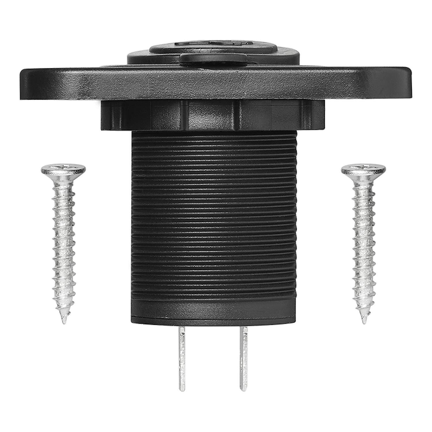 Schwarze Steckdose mit zwei hervorstehenden Stiften, flankiert von zwei silbernen Schrauben auf weißem Hintergrund.