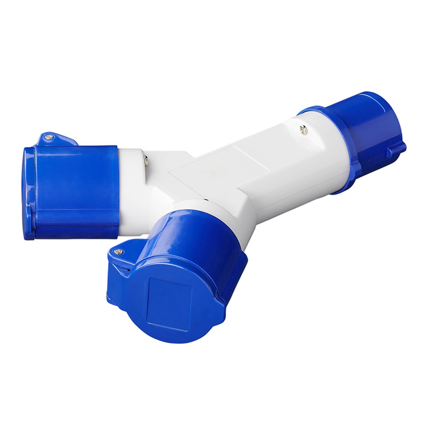 Ein blau-weißer elektrischer Verbinder mit drei Anschlüssen, für industrielle Anwendungen konzipiert, mit einem robusten Kunststoffgehäuse.