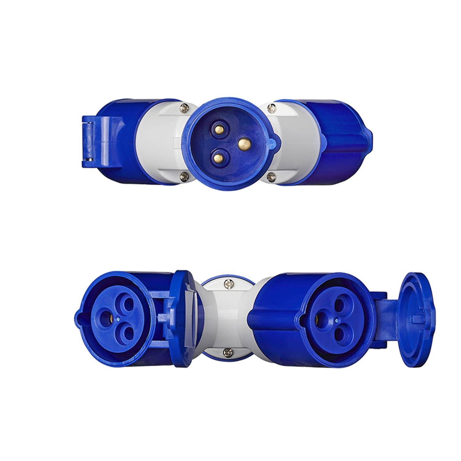 Zwei blaue industrielle elektrische Steckverbinder, einer männlich und einer weiblich, nebeneinander vor einem weißen Hintergrund dargestellt.