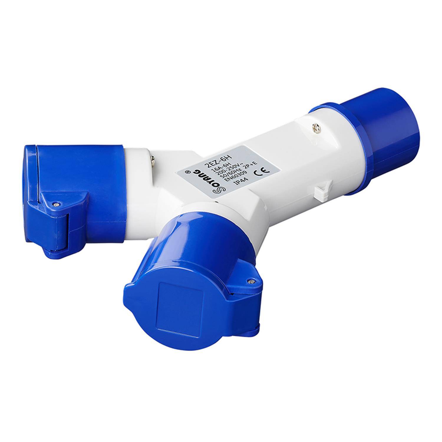 Ein blau-weißer Elektro-Adapter mit mehreren Steckdosenausgängen, der zum Anschluss und zur Verteilung von Strom aus einer einzigen Quelle vorgesehen ist.