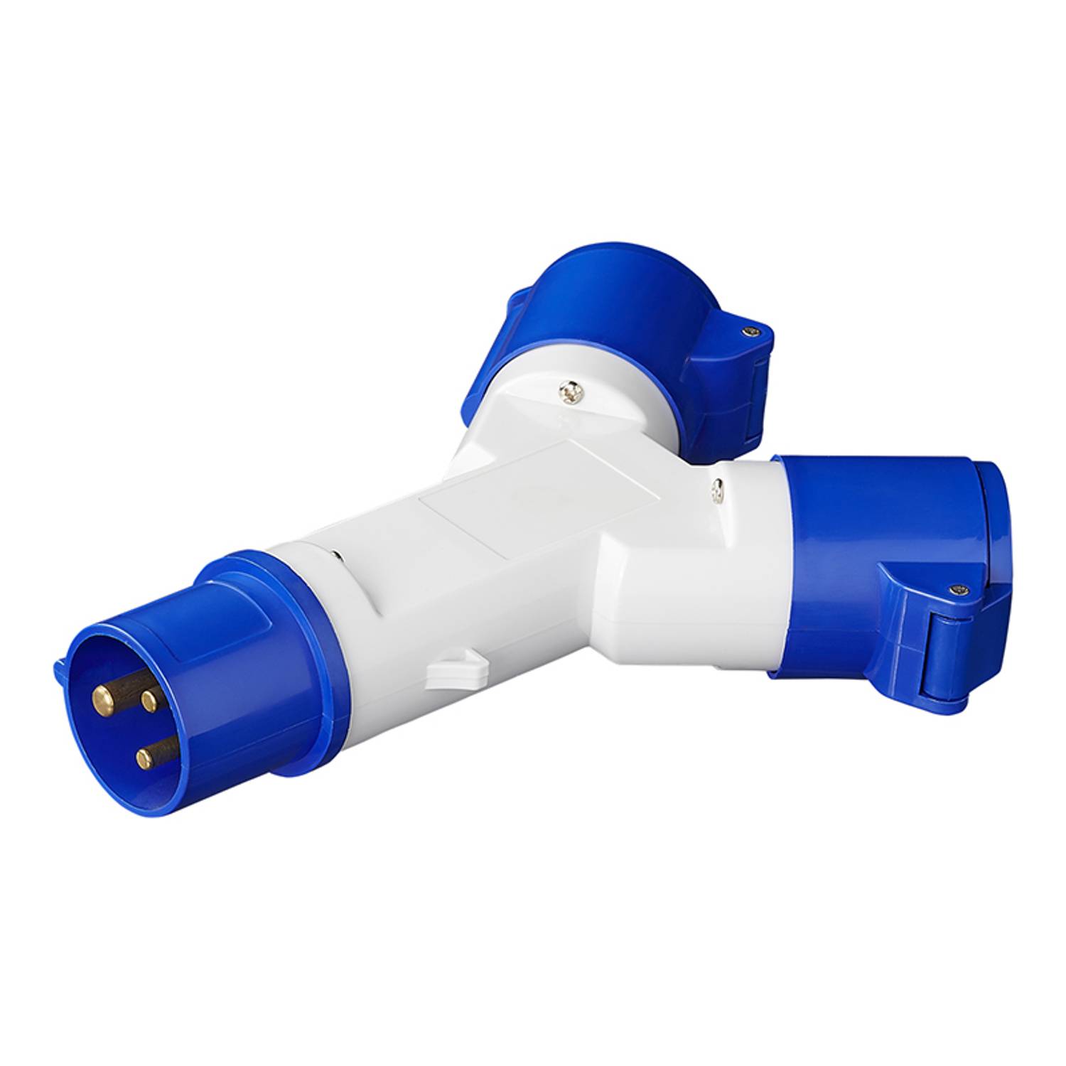 Ein blau-weißer elektrischer Steckdosenadapter mit Y-förmigem Design, ausgestattet mit drei Anschlüssen: zwei für Stecker und einer für Verbindung, verwendet zur Stromverteilung.