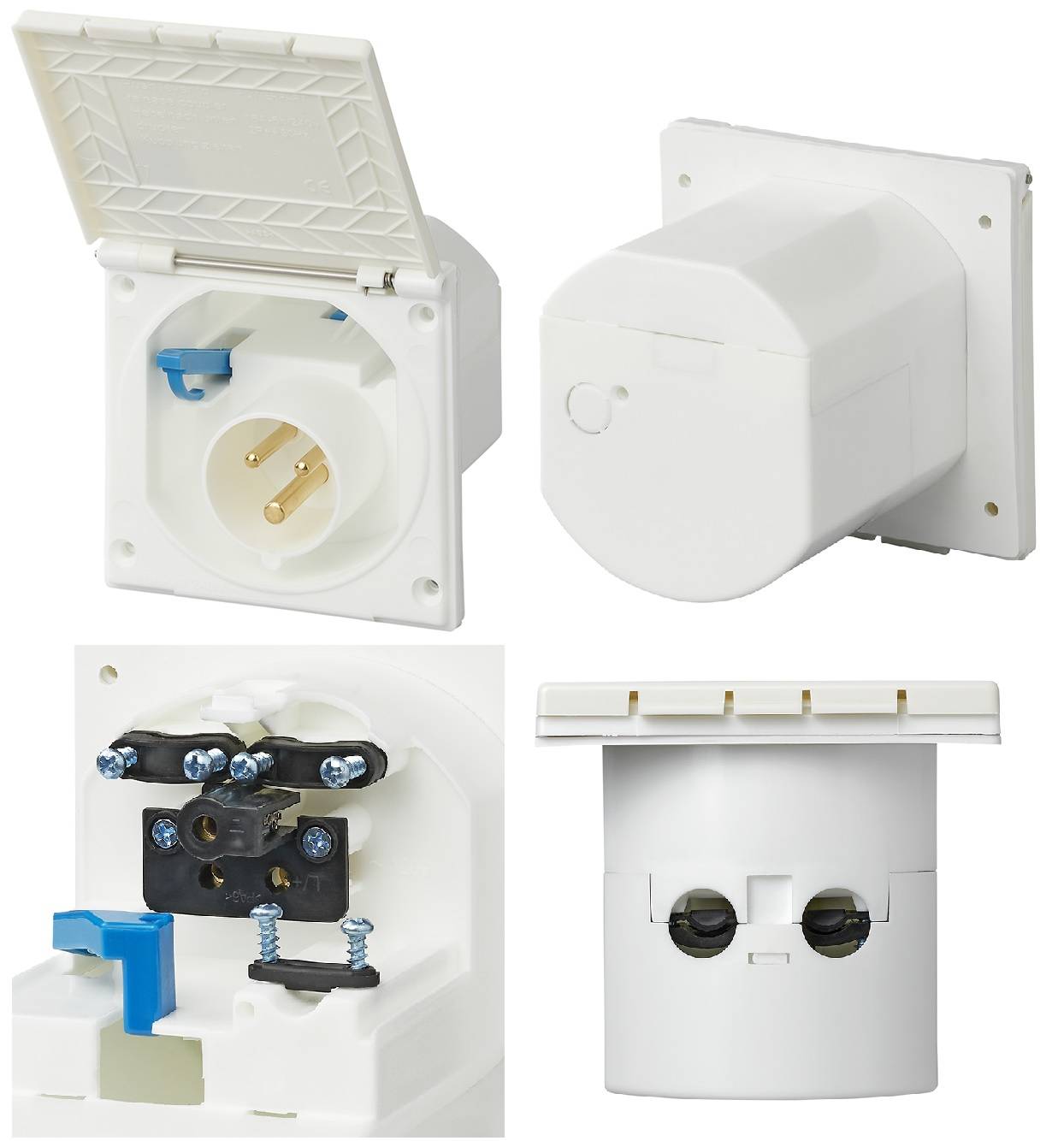 Elektrische Steckdose mit Schutzabdeckung, ausgestattet mit goldenen Stiften und weißem Gehäuse. Enthält eine Innenansicht, die die Verkabelungsanordnung zeigt.