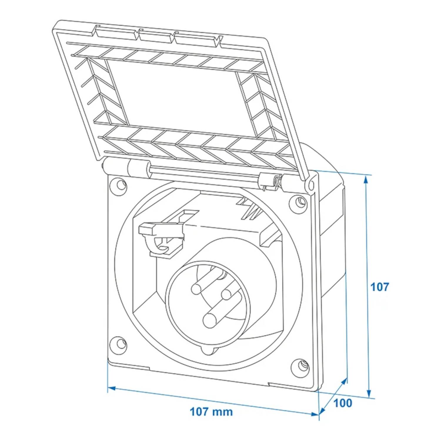 Darstellung einer quadratischen Steckdose mit klappbarem Deckel. Abmessungen gekennzeichnet: 107 mm Höhe und Breite, mit Betonung des kompakten Designs.