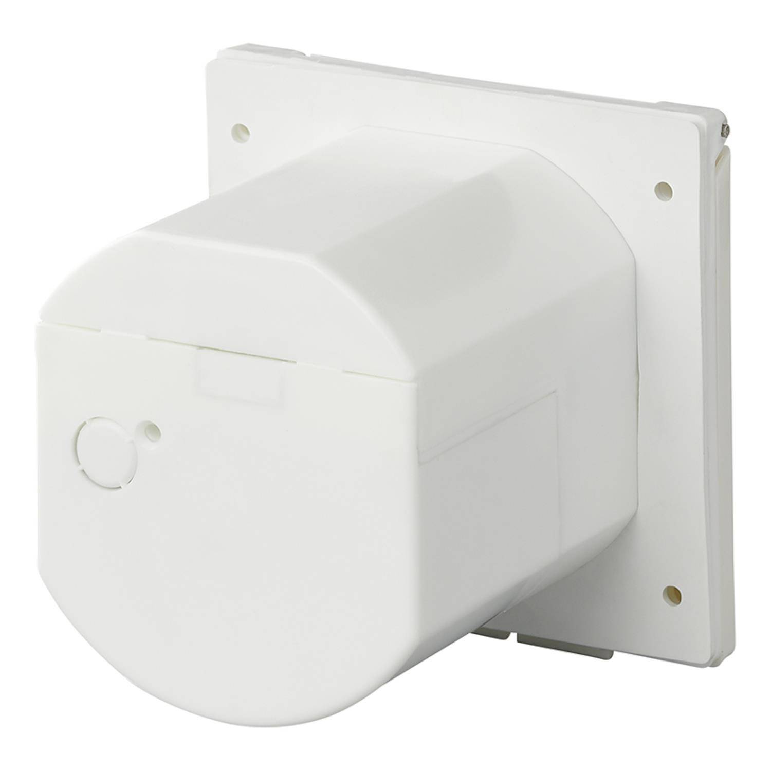 Ein weißer, wandmontierter Solarzähler für Warmwasserbereitung mit rechteckiger Grundfläche und zylindrischer Verlängerung. Verwendet für energieeffiziente Heizungssysteme.