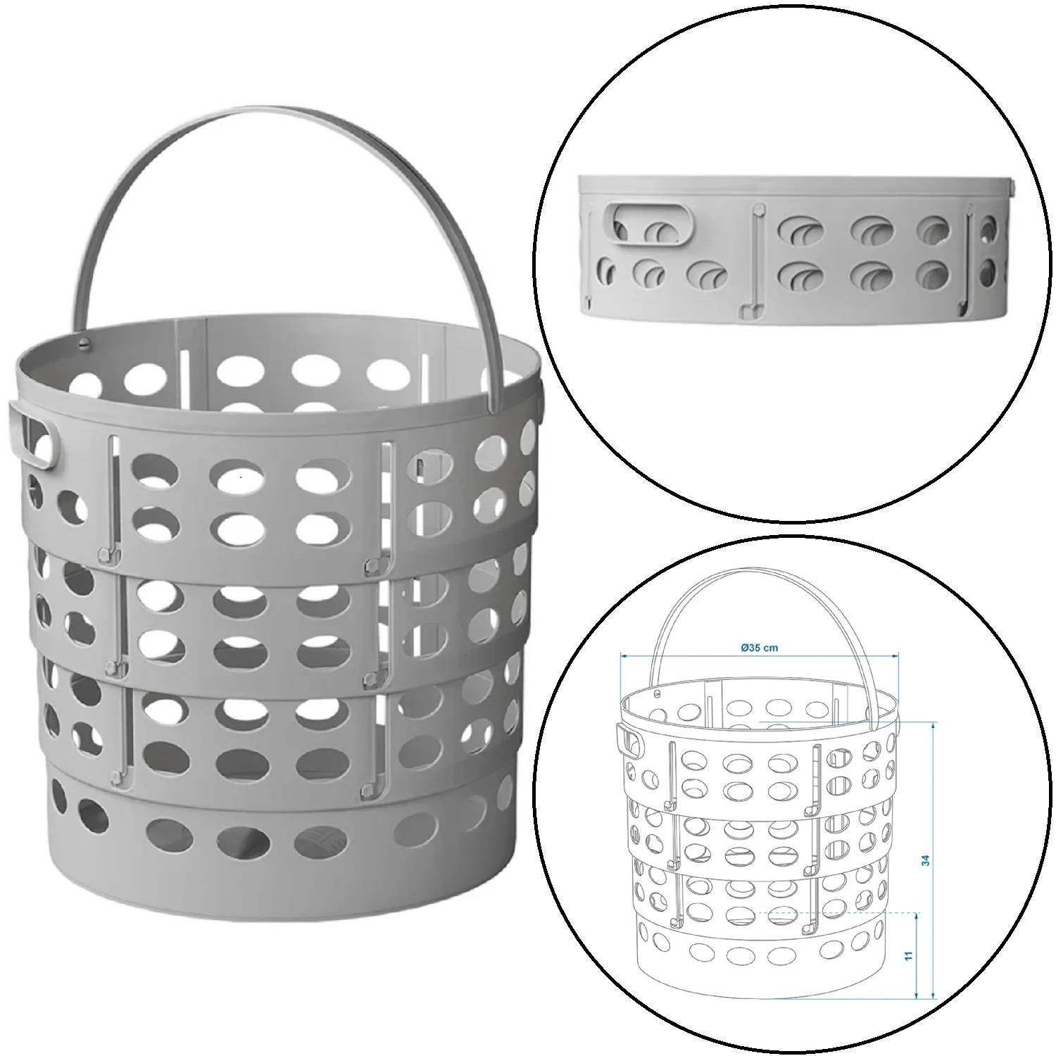 Ein grauer, gelochter Korb mit Griff, dargestellt in drei Ansichten: Perspektive, Seitenansicht und mit Maßangaben.