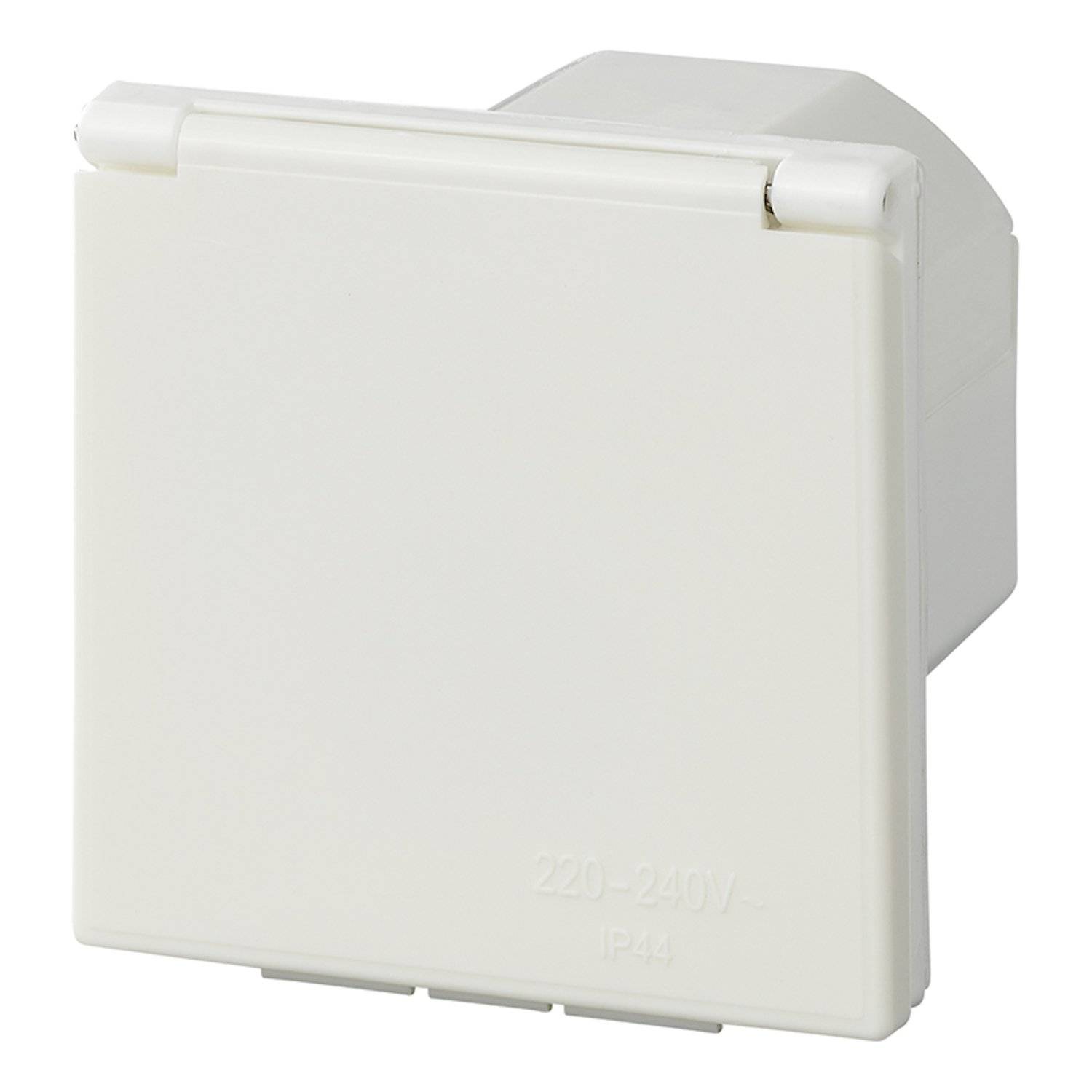 Eine geschlossene weiße Plastik-Steckdosenabdeckung mit den Aufschriften '220-240V' und 'IP44'.