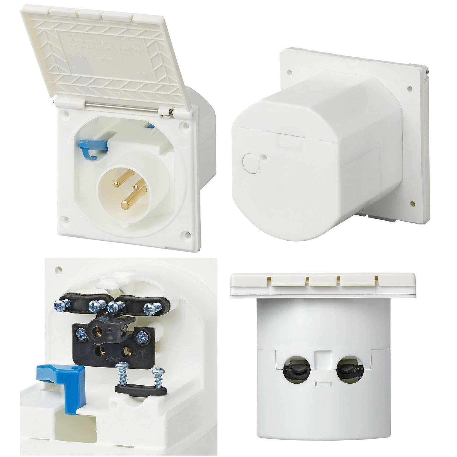 Vier Ansichten einer weißen, aufputz-Steckdose. Beinhaltet Ansicht mit offener Abdeckung, Seitenansicht, Innenansicht der Verdrahtung und Unteransicht.
