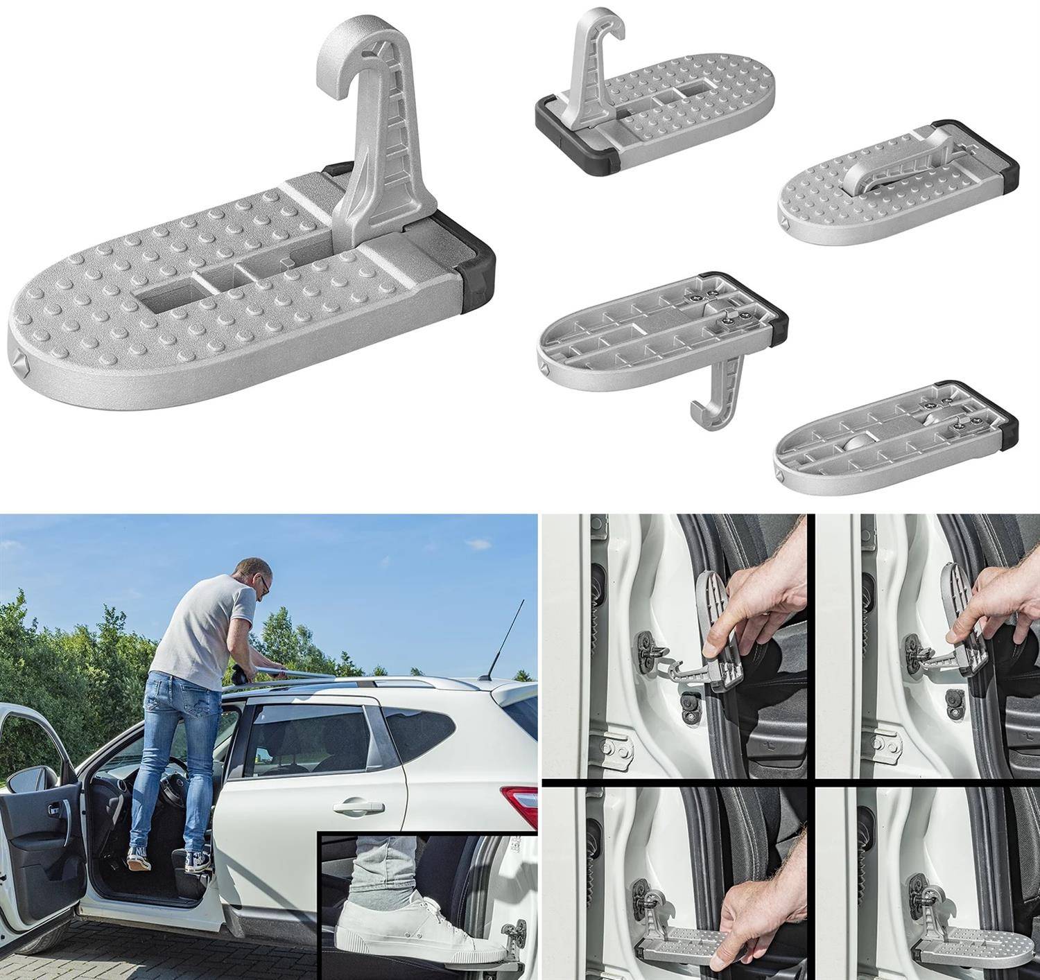 Produktdemonstration des 'Car Doorstep' zeigt eine Person, die die Stufe nutzt, um auf das Dach eines SUVs zu gelangen. Zusätzliche Bilder erläutern das Design und die Verwendung der Stufe.