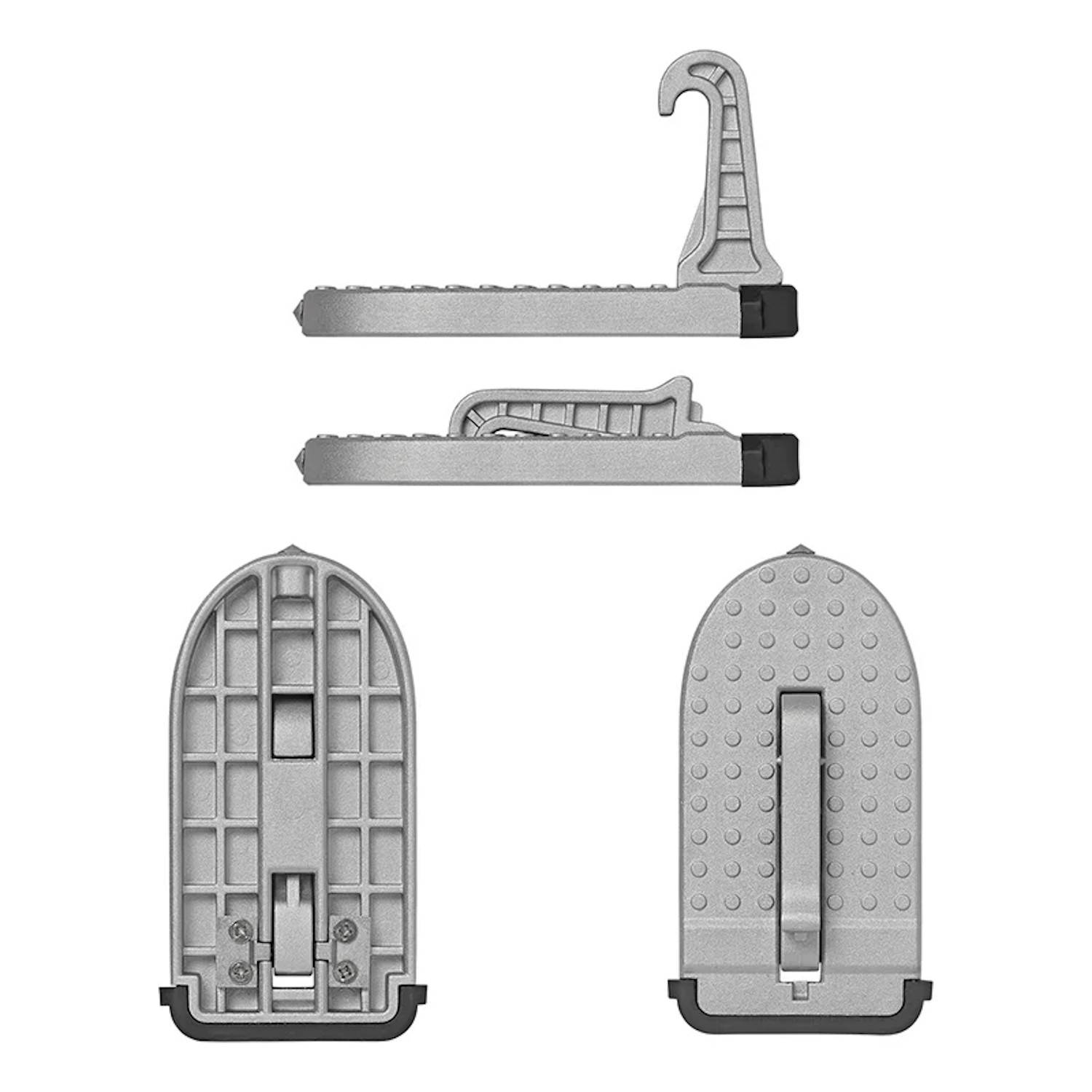 Metallische Türstufe für Fahrzeuge mit gehaktem Design, dargestellt in Seiten- und Unteransicht. Strukturierte Oberfläche für besseren Halt und universelle Passform für einfachen Dachzugang.
