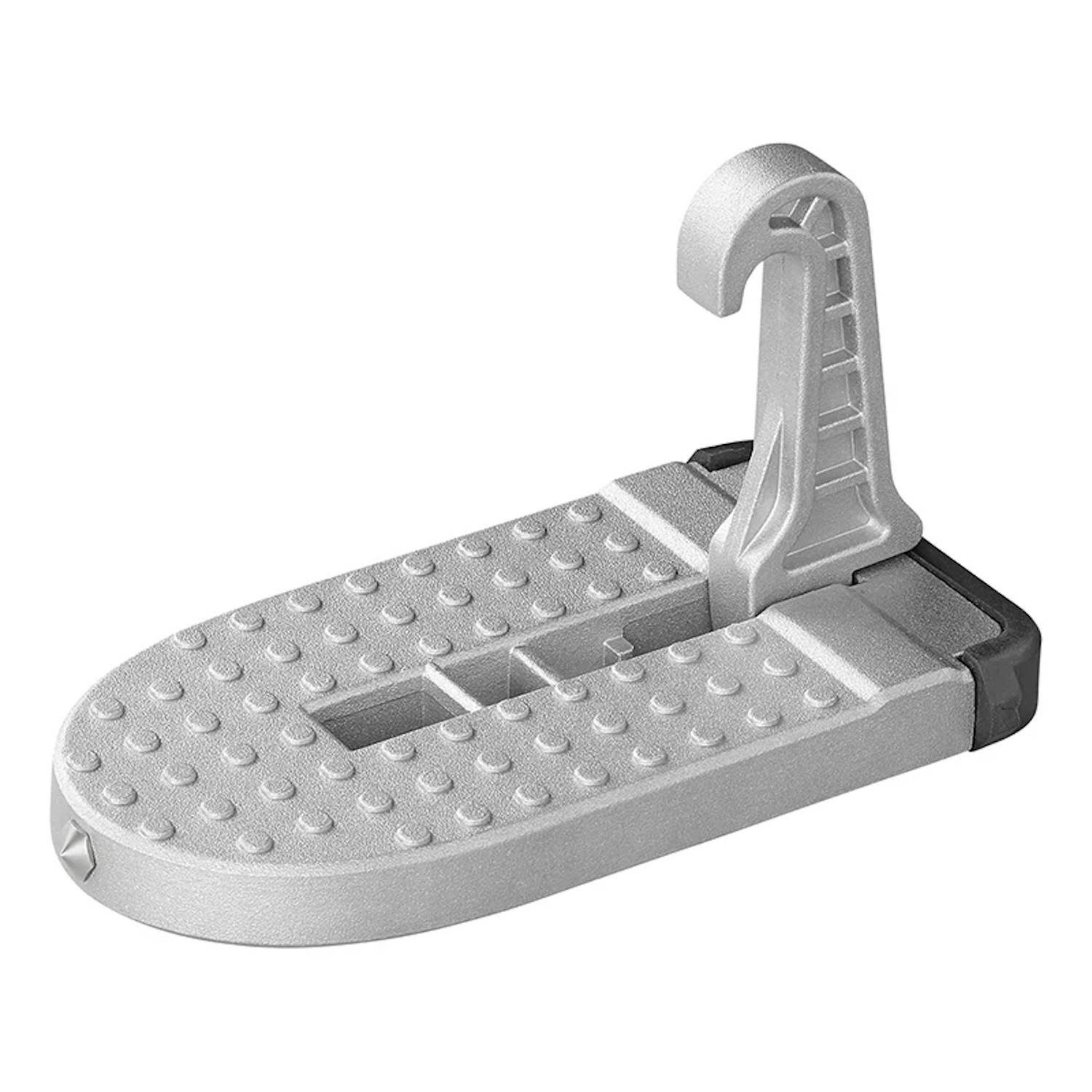 Ein silberner, tragbarer Türstufenaufsatz für Fahrzeuge mit strukturierter Oberfläche und Haken-Befestigung, speziell entwickelt, um leicht auf das Dach eines Fahrzeugs zu gelangen.