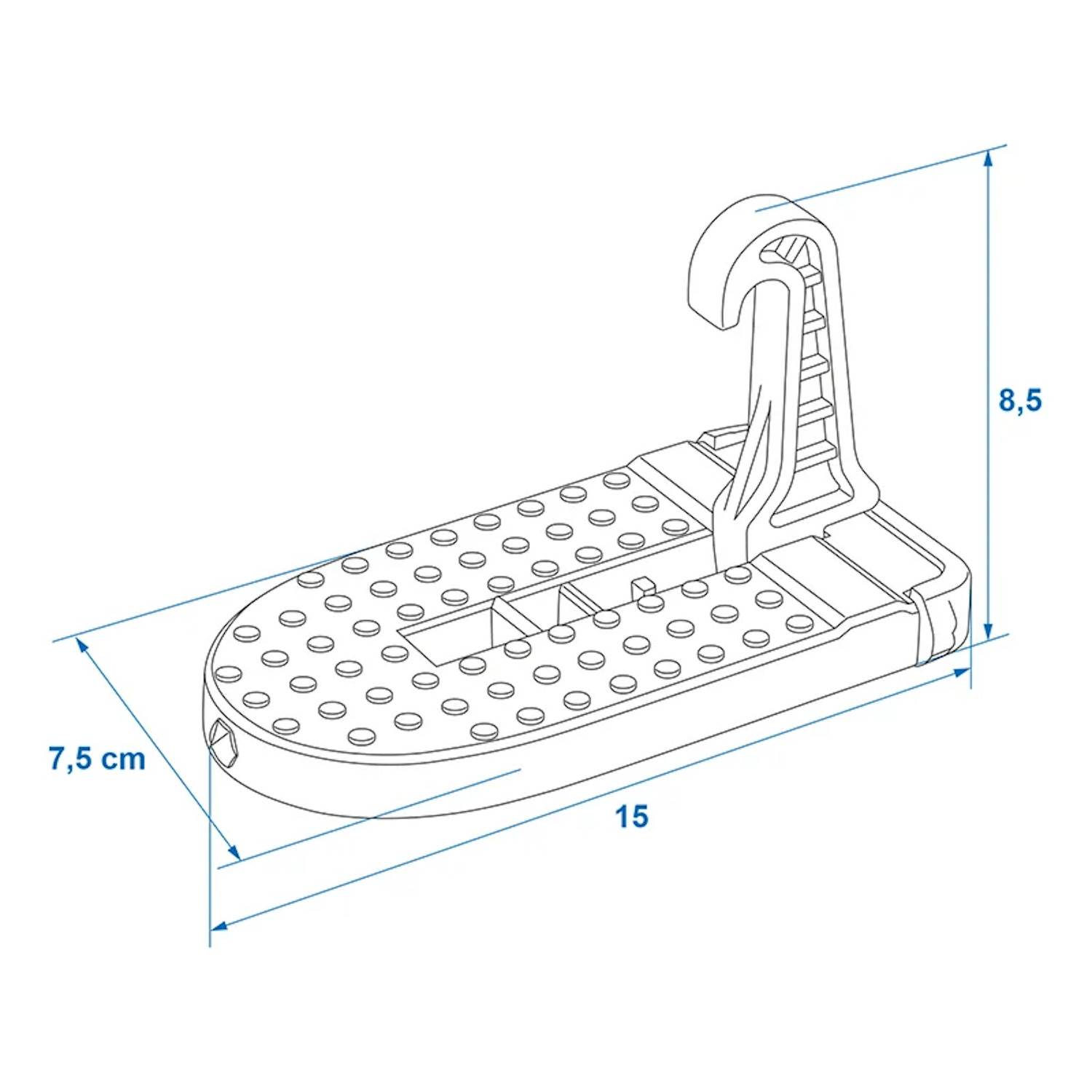 Darstellung eines Autotritts mit Maßangaben: Länge 15 cm, Breite 7,5 cm, Höhe 8,5 cm.
