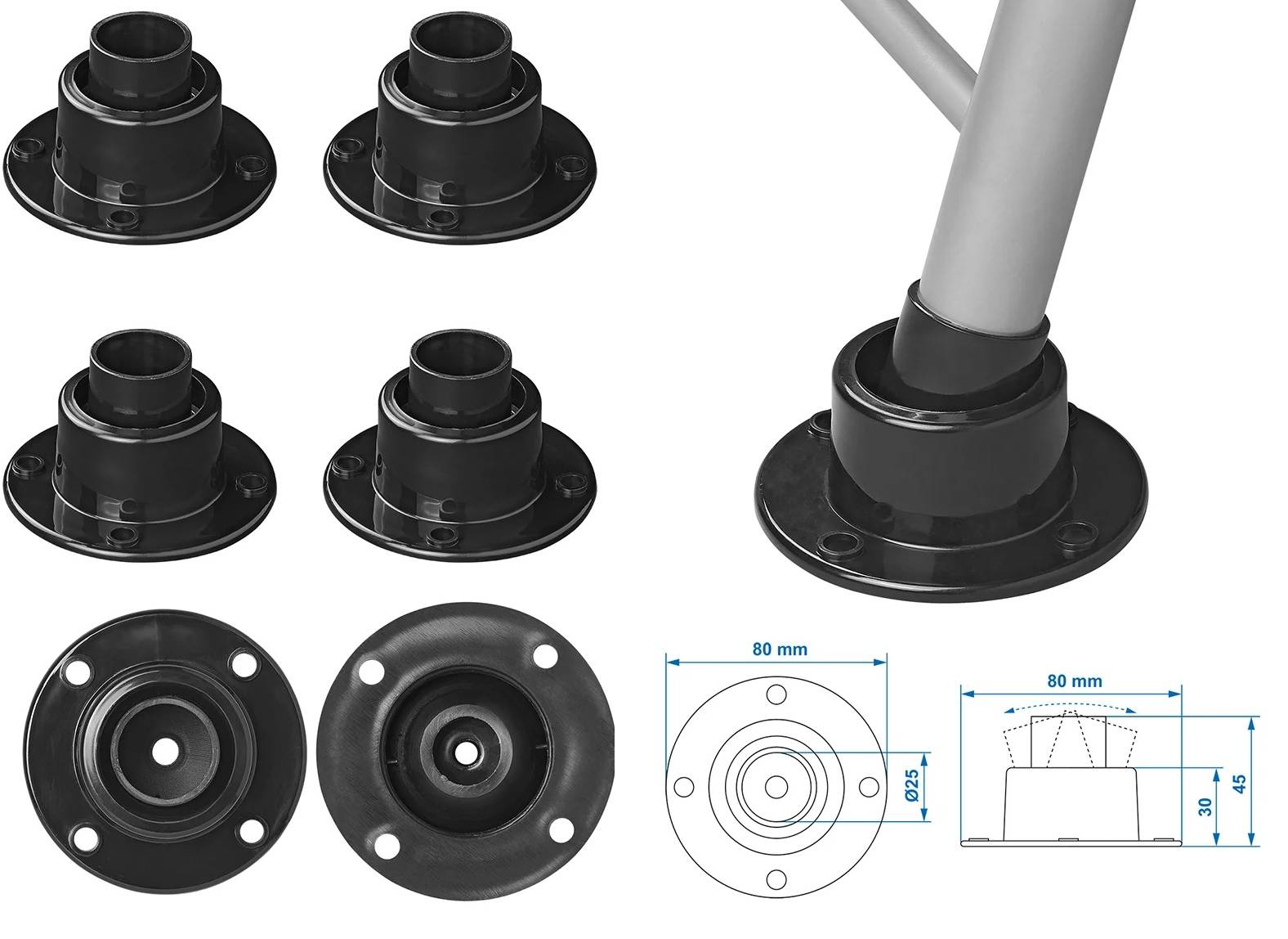 Metallische kreisförmige Basisfassungen für Möbel mit unterschiedlichen Höhen, dargestellt mit Maßangaben: 80 mm Durchmesser, 25 mm hoch. Inklusive Draufsicht und Seitenansicht.