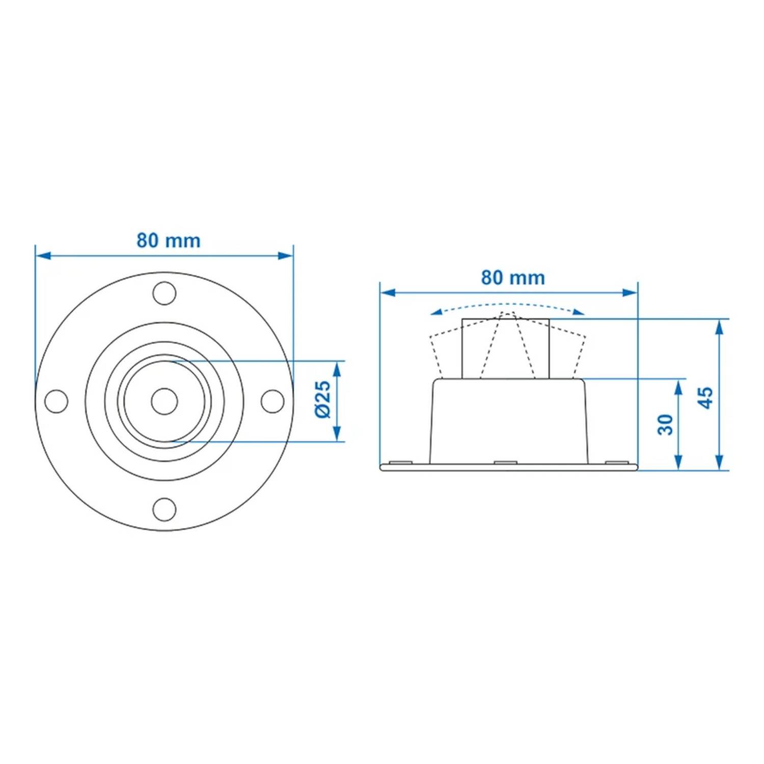 Diagramm einer mechanischen Komponente mit Abmessungen: Draufsicht zeigt eine kreisförmige Basis mit 80 mm Durchmesser, Seitenansicht zeigt eine Höhe von 45 mm.