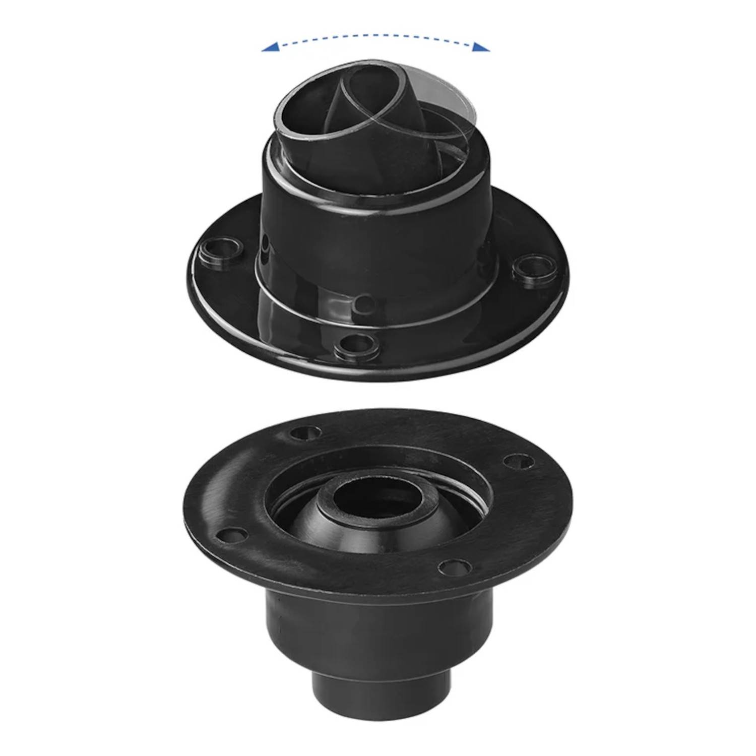 Movento' verstellbare Neige-/Schwenkkomponente für Möbel, zeigt obere und untere Abschnitte in Schwarz, illustriert die Montage.