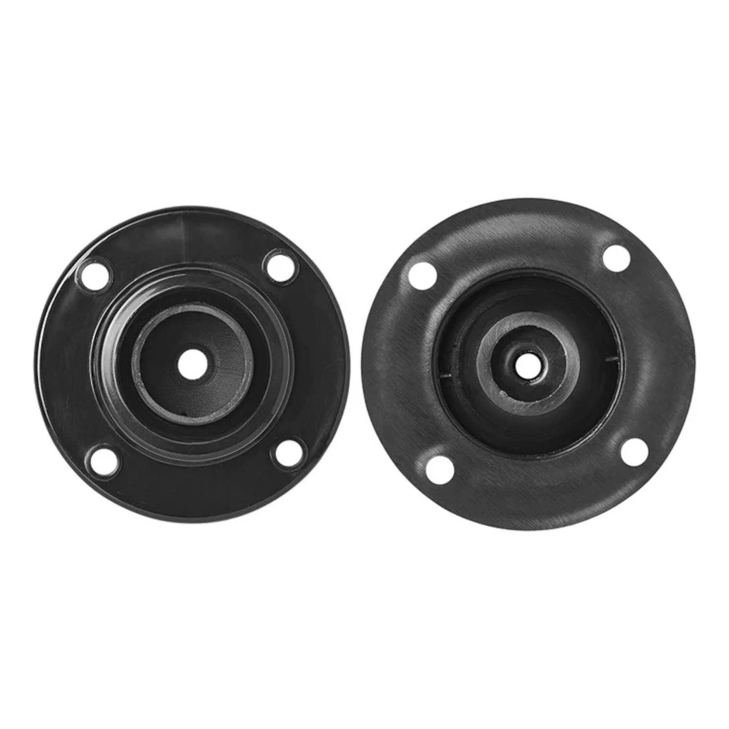 Schwarze kreisförmige Basen mit mehreren Löchern, die zur Möbelbefestigung oder -stützung verwendet werden, nebeneinander auf weißem Hintergrund dargestellt.