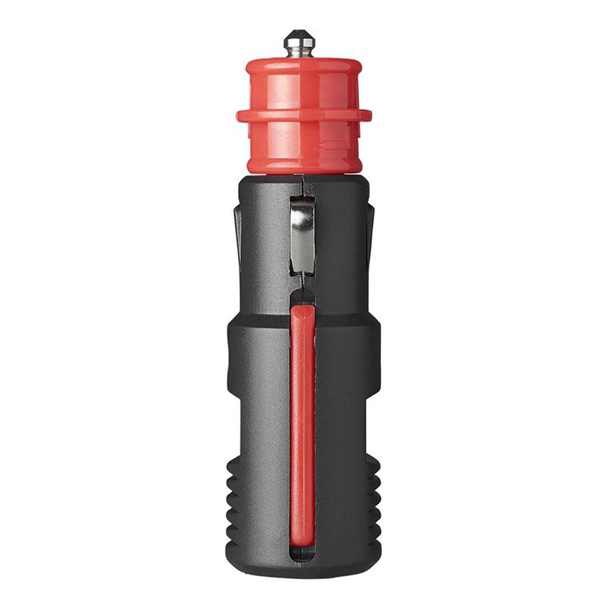 Ein schwarzer und roter Zigarettenanzünder-Stecker. Der schwarze Körper verfügt über einen strukturierten Griff, während die rote Spitze mit der Stromversorgung eines Fahrzeugs verbunden wird.