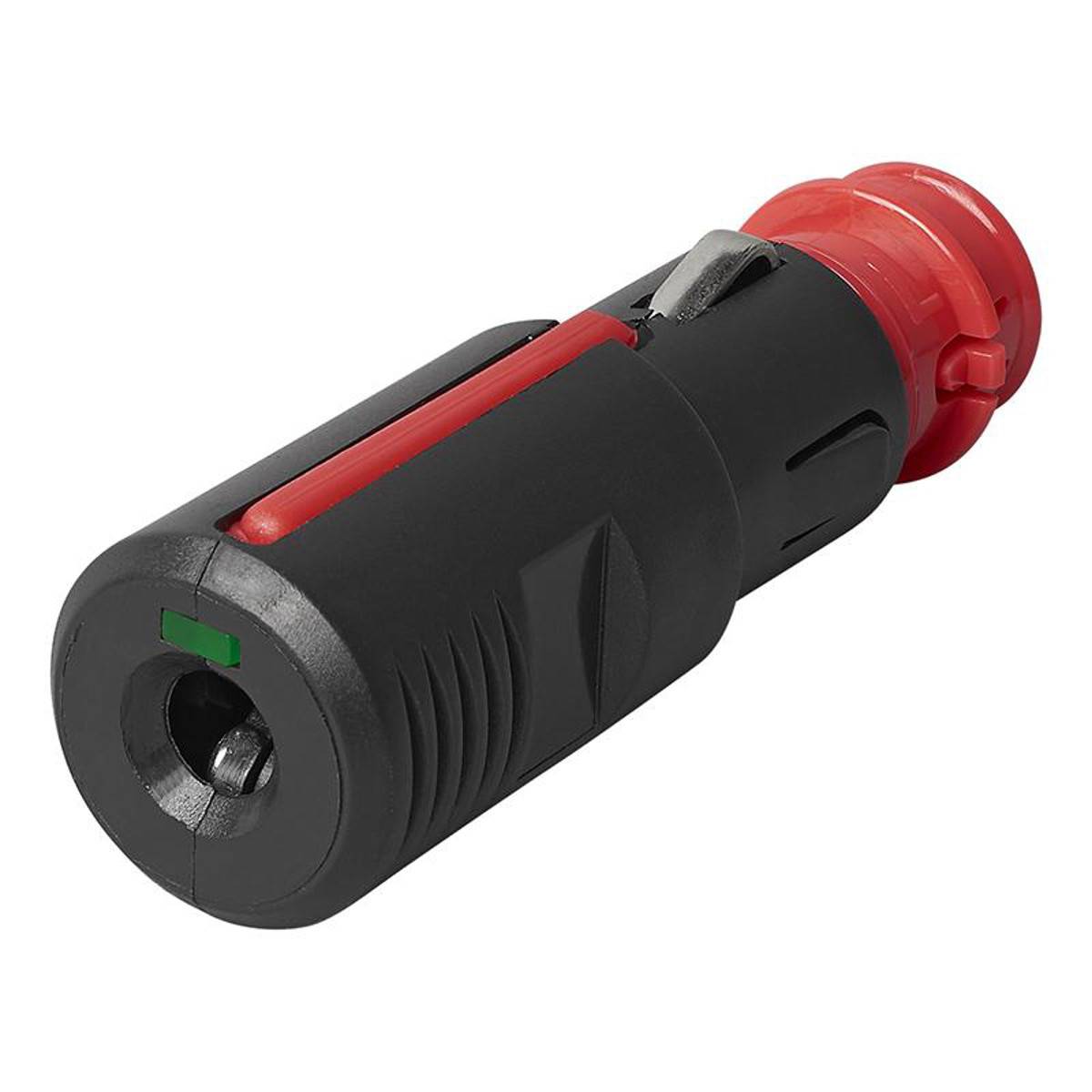 Ein schwarzes und rotes Werkzeug mit einem runden, gerillten Griff und einem Metallclip an der Seite.