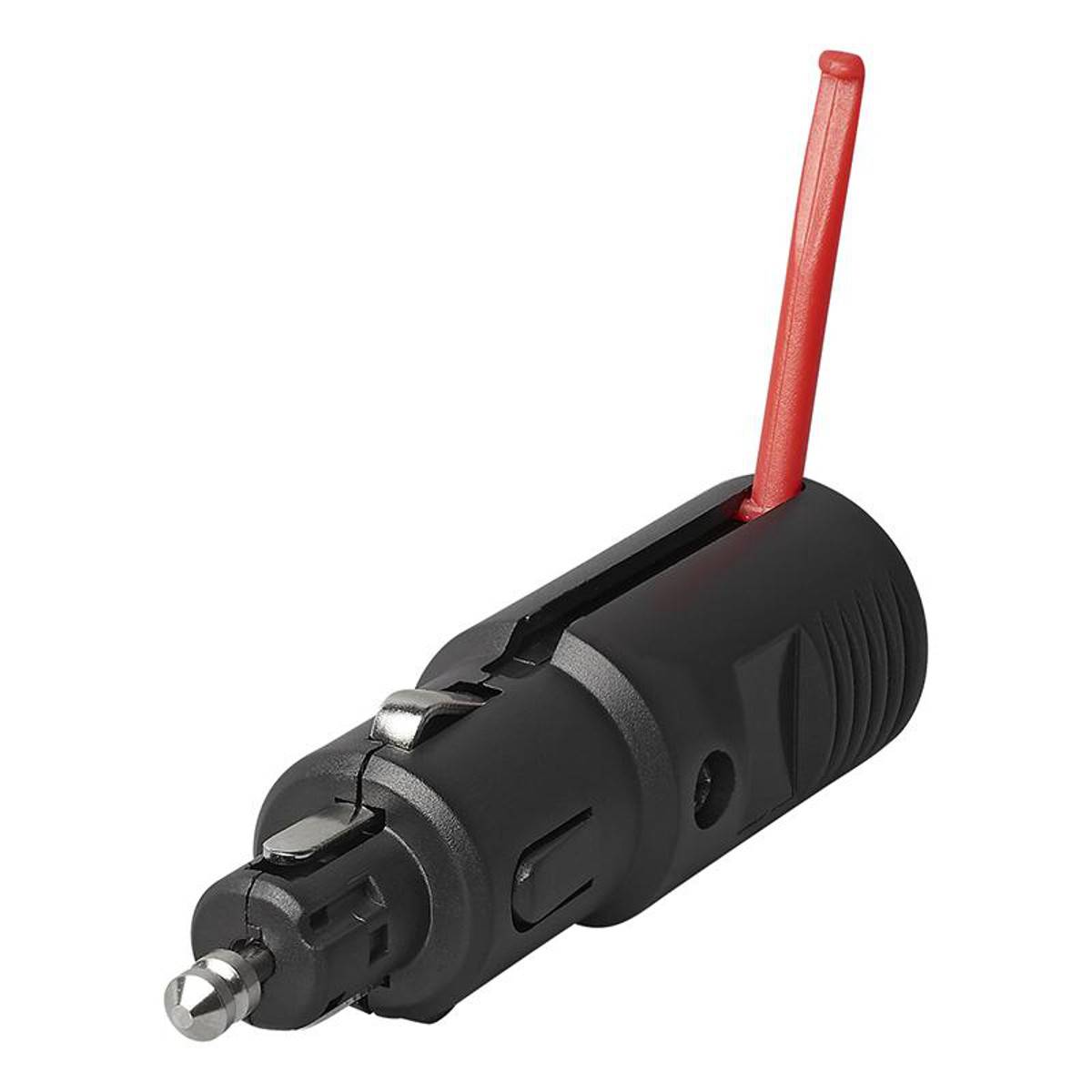 Schwarzer zylindrischer elektrischer Stecker mit rotem Hebel an der Seite, entwickelt für die Zigarettenanzünderbuchse eines Autos.