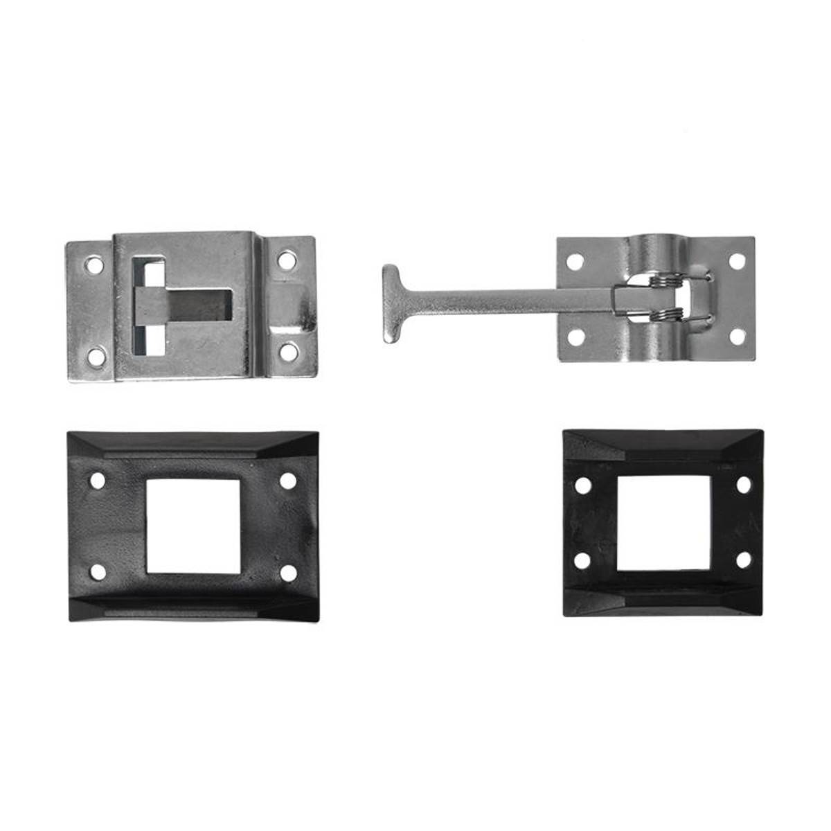 Vier rechteckige Metallteile, einschließlich Halterungen und eines Verschlusses, sind einzeln vor einem weißen Hintergrund angeordnet.