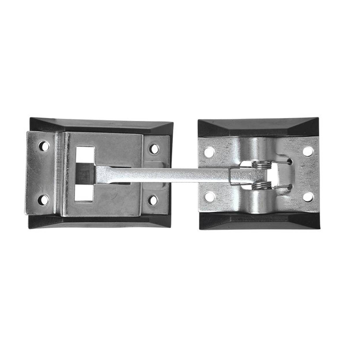 Ein Metallscharnier mit zwei schwarzen Kunststoff-Endkappen, das auf jeder Seite vier Schraublöcher zur Befestigung aufweist und zum Verbinden zweier Oberflächen konzipiert ist.