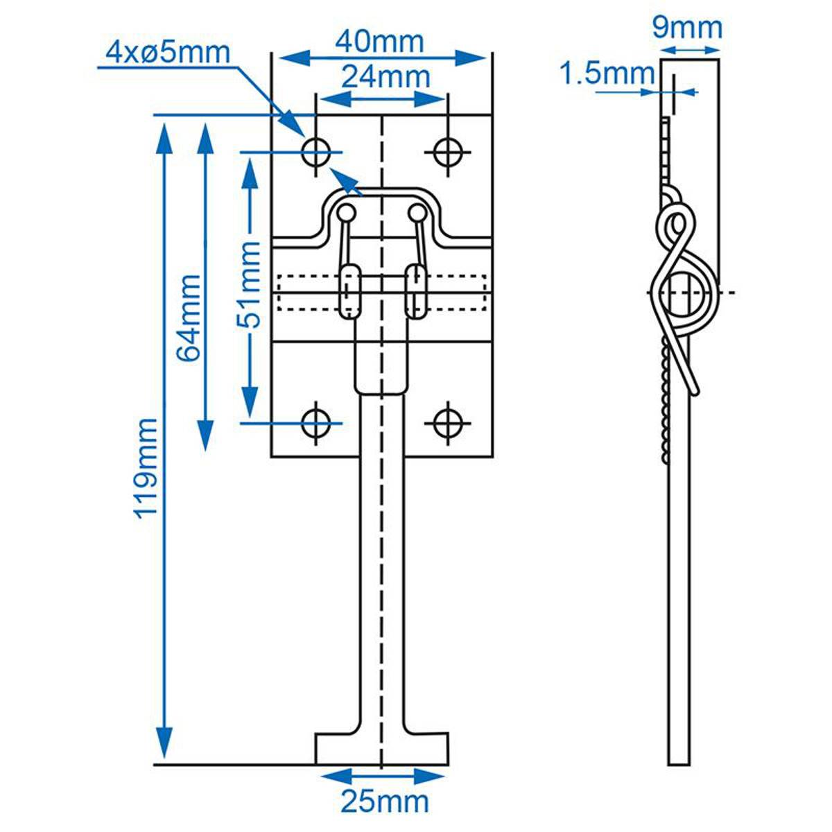 Technische Zeichnung eines mechanischen Bauteils mit detaillierten Maßangaben. Abmessungen: 40 mm Breite, 25 mm Tiefe, 119 mm Höhe, mit 64 mm und 51 mm Segmenten.