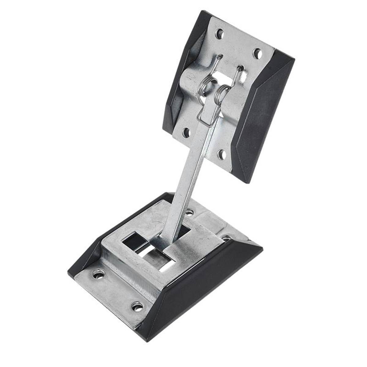 Eine Metallscharniervorrichtung mit Kunststoffteilen und einem rotierenden Gelenk wird dargestellt, möglicherweise für ein Möbelstück oder eine Ausrüstung mit verstellbarer Positionierung verwendet.