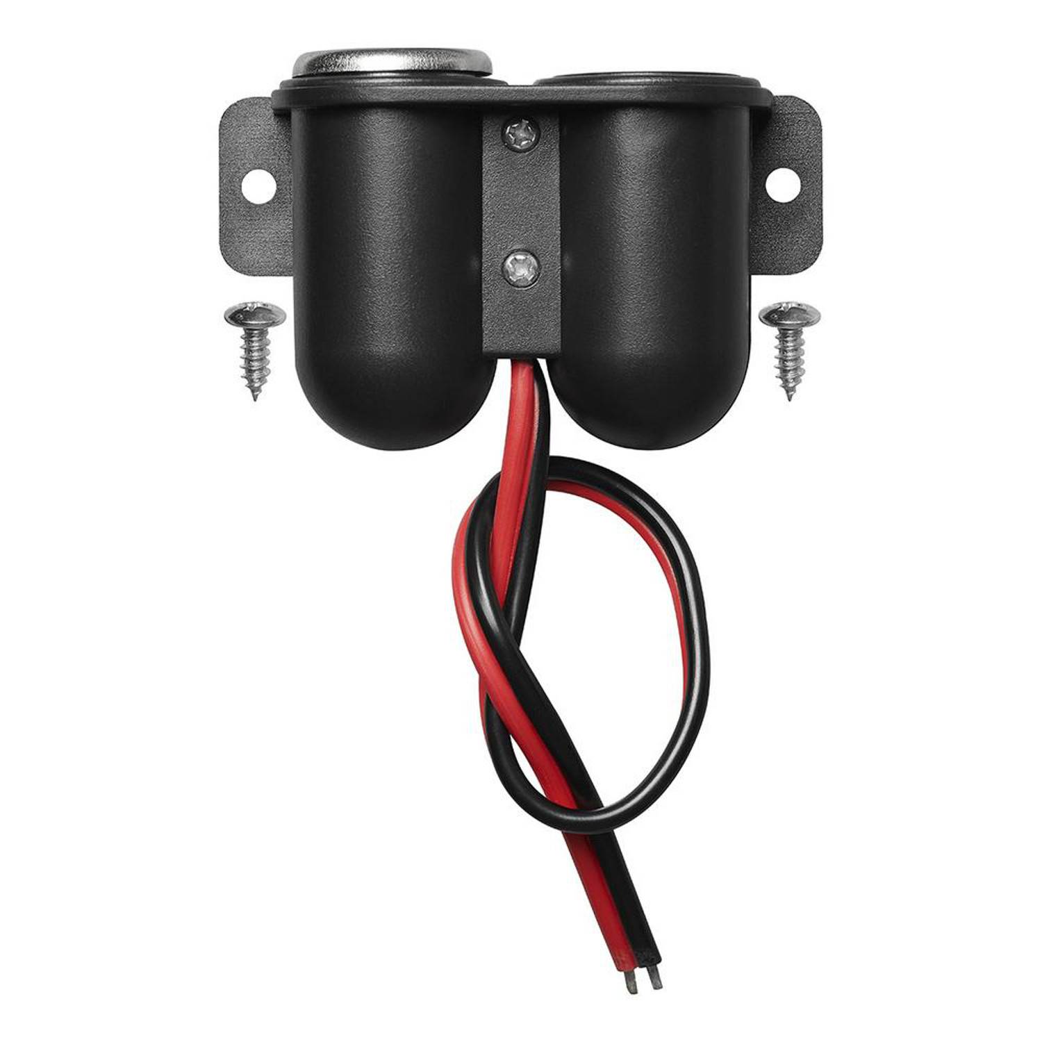 Dualer schwarzer Batteriebehälter mit roten und schwarzen Kabeln, zwei Befestigungslöchern und Schrauben, konzipiert zum Sichern und Verbinden von Batterien in elektronischen Geräten.