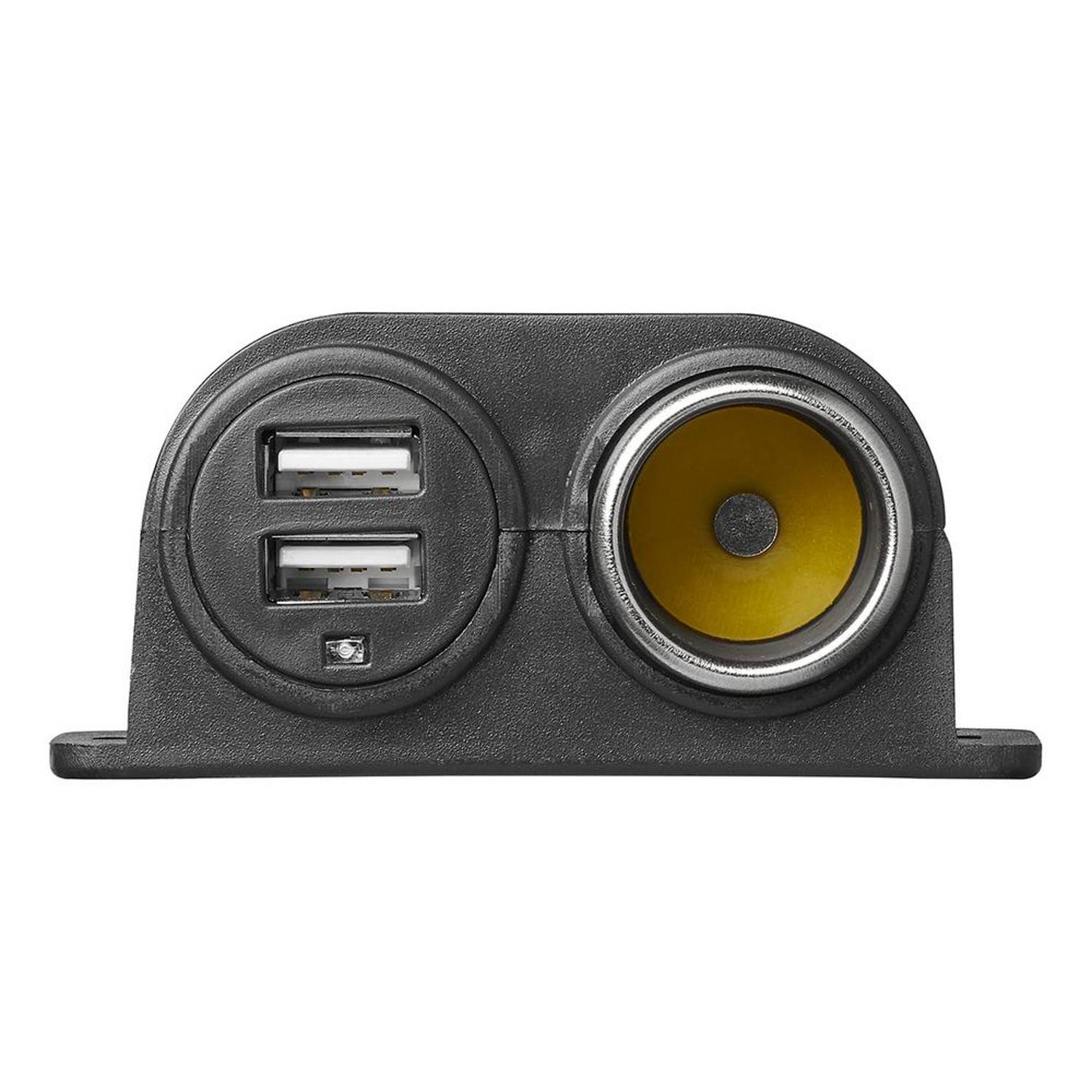 Schwarze Dual-USB-Anschlüsse und eine gelbe Zigarettenanzünderbuchse in einer kompakten Einheit.