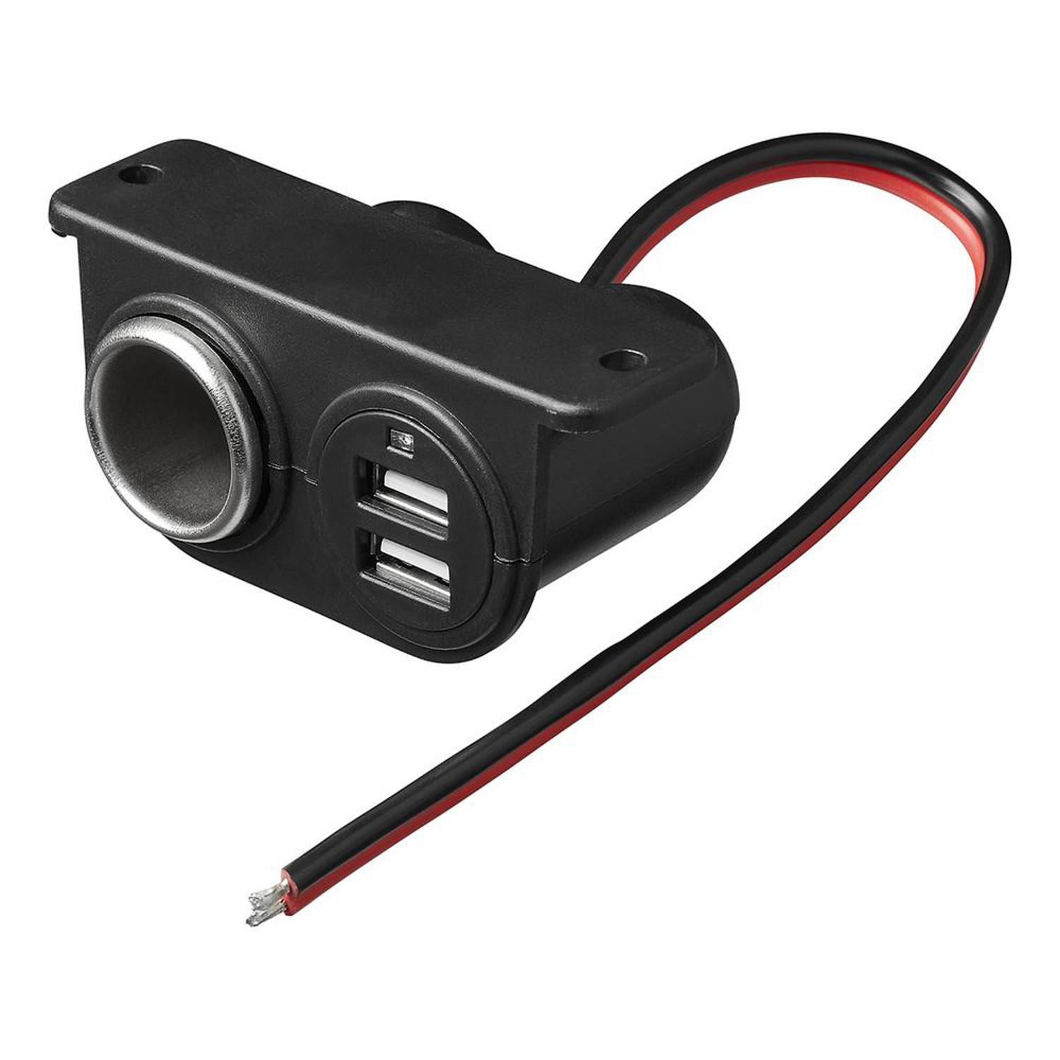 Ein schwarzer Dual-USB-Autoladegerät mit einem roten und schwarzen Kabel, ausgestattet mit einem kreisförmigen Anschluss und zwei USB-Steckplätzen zum Aufladen von Geräten.