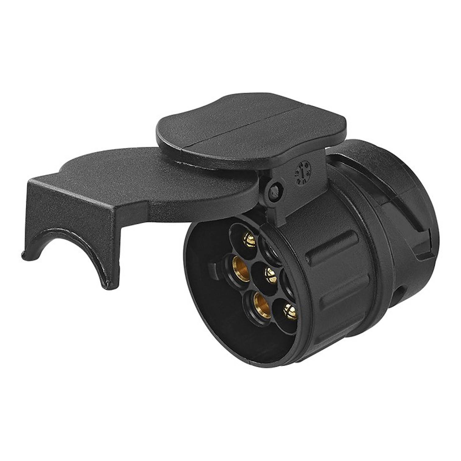 Schwarzer 7-poliger elektrischer Anhängerstecker mit offener Abdeckung, der goldene Anschlüsse zeigt.