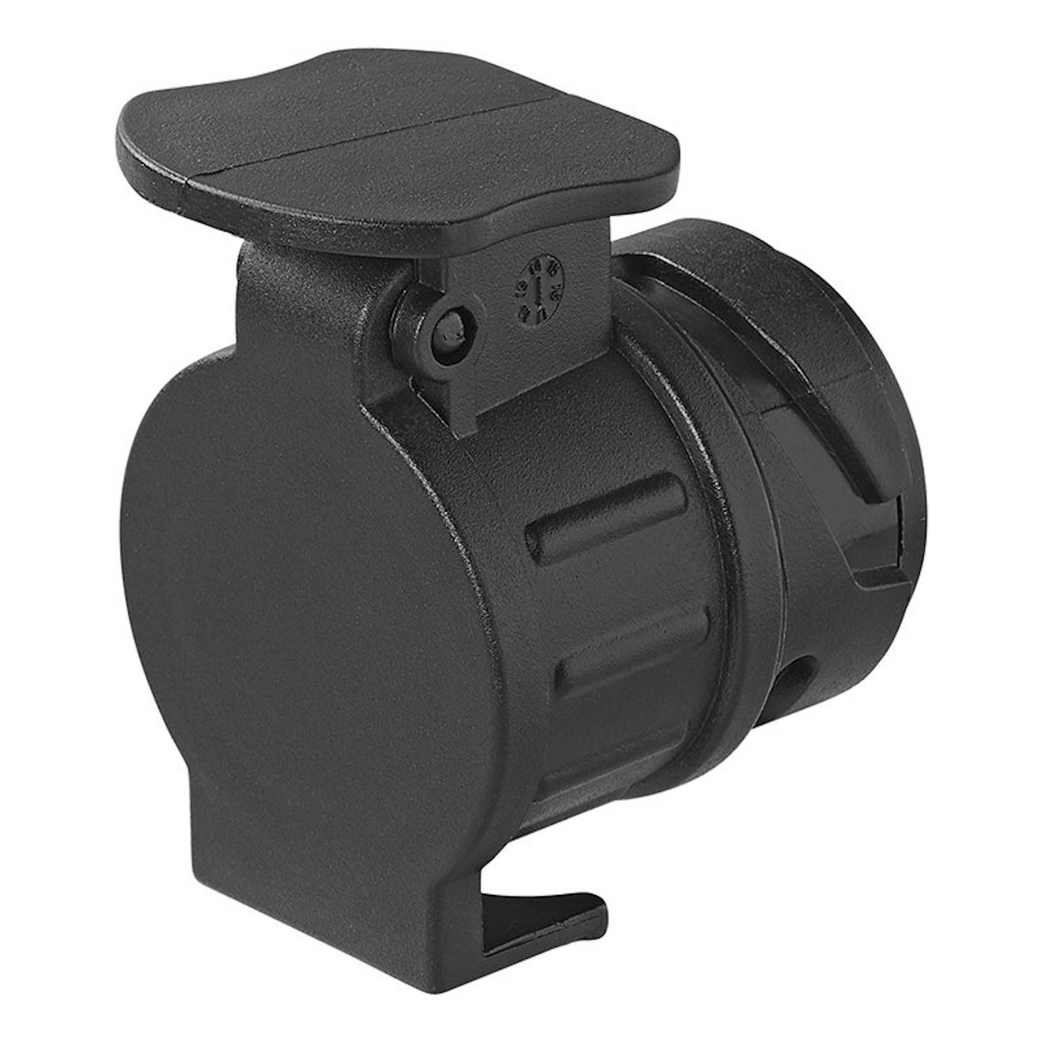 Schwarze Objektivschutzkappe mit Klappdeckel, entwickelt zum Schutz der Optik. Der Scharnierungsmechanismus ermöglicht einfaches Öffnen und Schließen und schützt das Objektiv vor Staub und Kratzern.