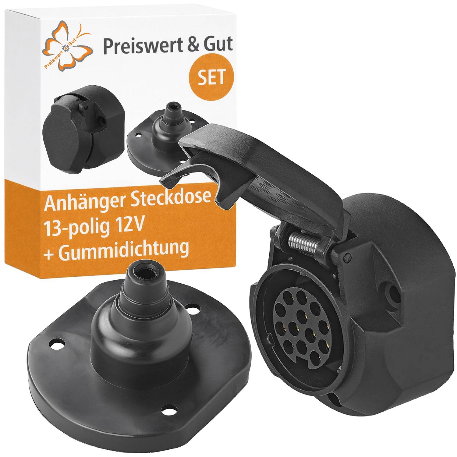 Ein Set mit einem 13-poligen Anhängerstecker mit Gummidichtung und Schutzdeckel, verpackt in einer Schachtel mit der Aufschrift ‚Preiswert & Gut'.