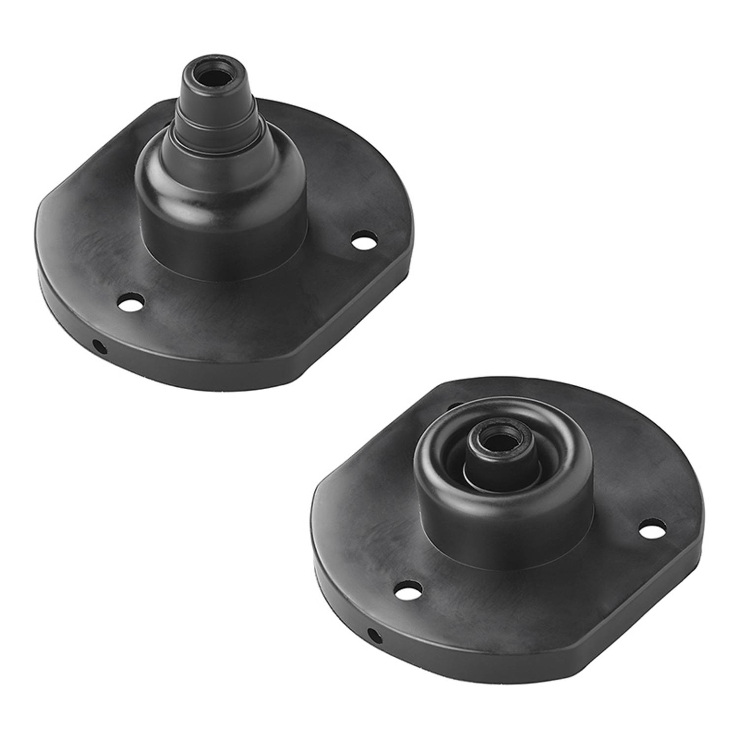 Zwei schwarze Gummilager mit konischen Oberseiten und kreisförmigen Grundflächen, die jeweils zwei Befestigungslöcher für Schrauben aufweisen. Verwendet zur Vibrationsisolierung in Maschinen.