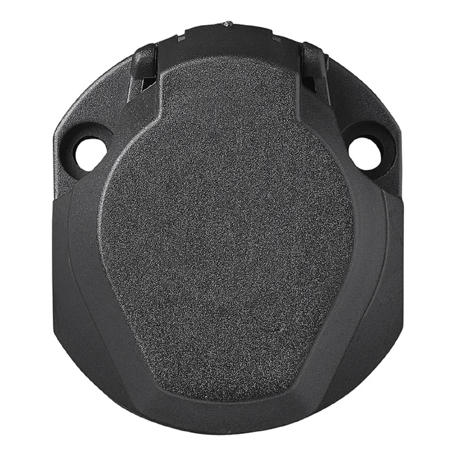 Ein schwarzer und grauer runder Verbinder mit zwei Befestigungslöchern, der üblicherweise für elektrische Anhängeranschlüsse verwendet wird.