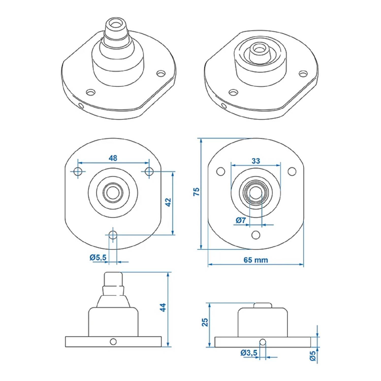 Technische Zeichnung einer Kamerahalterung mit Maßangaben. Draufsicht Durchmesser: 65 mm; Höhe: 25 mm; Befestigungsloch-Durchmesser: 48 mm.