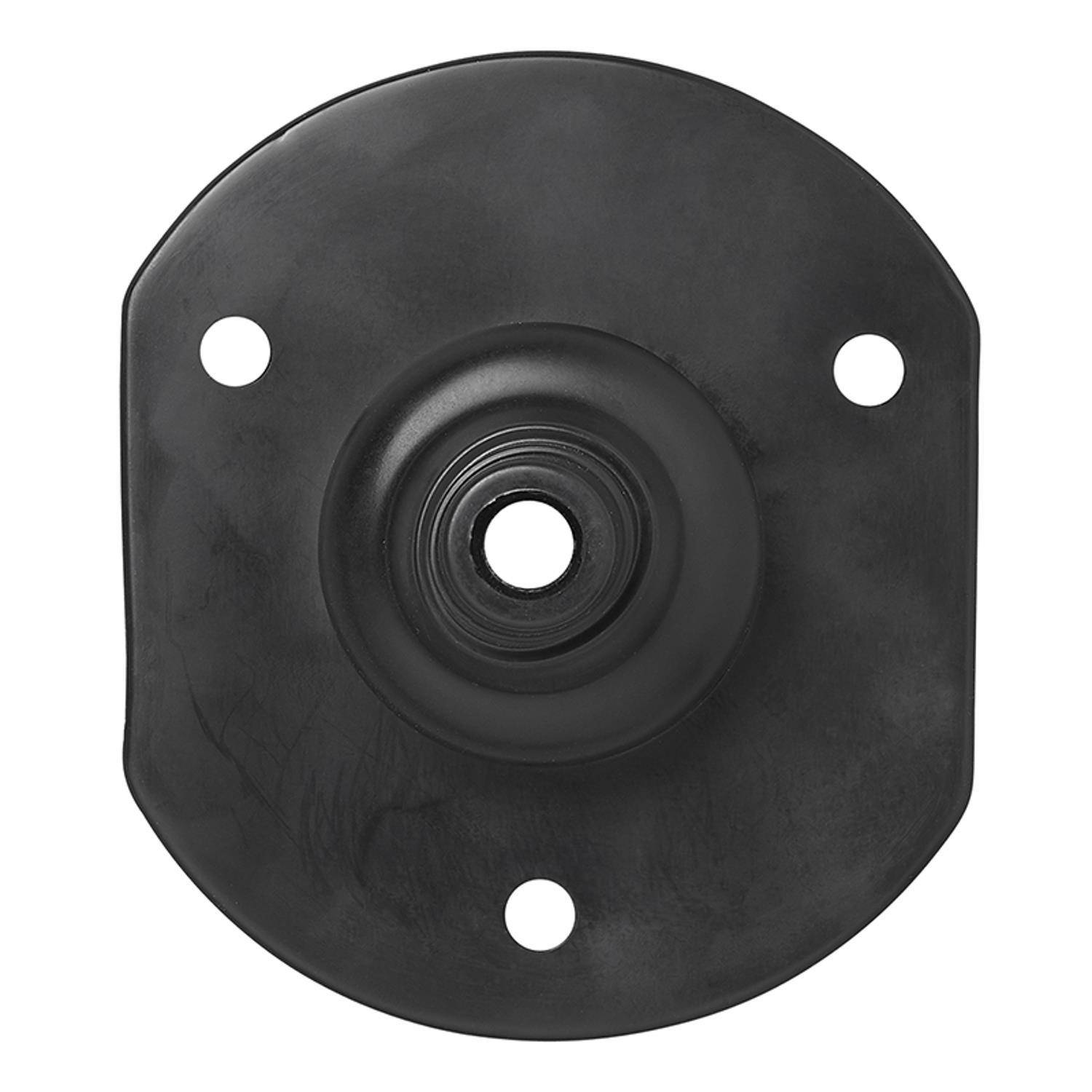 Eine runde schwarze Metallhalterung mit drei Löchern an den Kanten und einem zentralen erhabenen Kreisabschnitt.