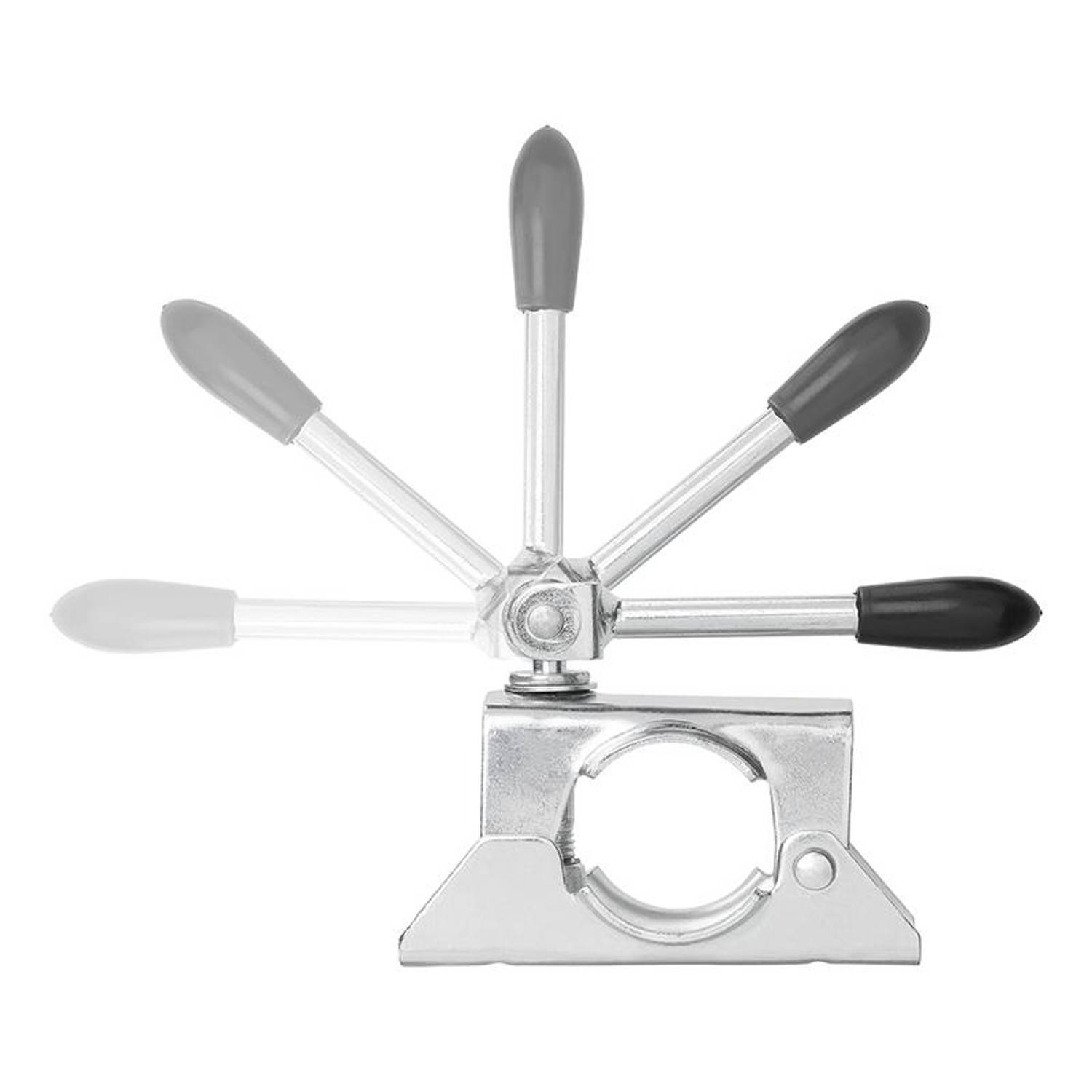 Eine silberne Metallwandhalterung mit verstellbaren Armen, die mit Gummihandgriffen ausgestattet sind und verschiedene mögliche Positionen zum Halten von Objekten zeigt.