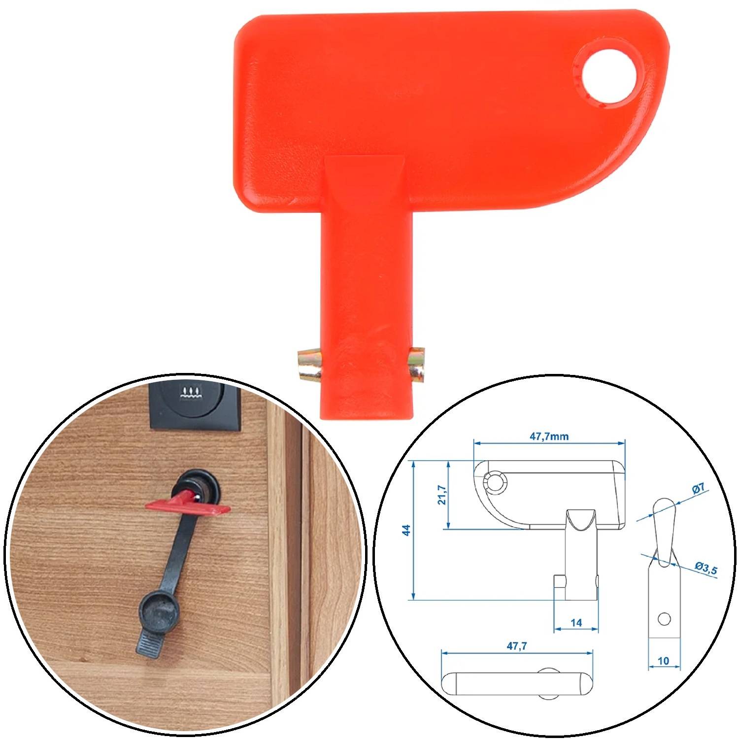 Ein roter Sicherheitsschlüssel, entwickelt für Campingfahrzeug-Türen, in einer Diagram mit Maßangaben und einem Bild des Schlüssels bei der Verwendung an einer Tür.